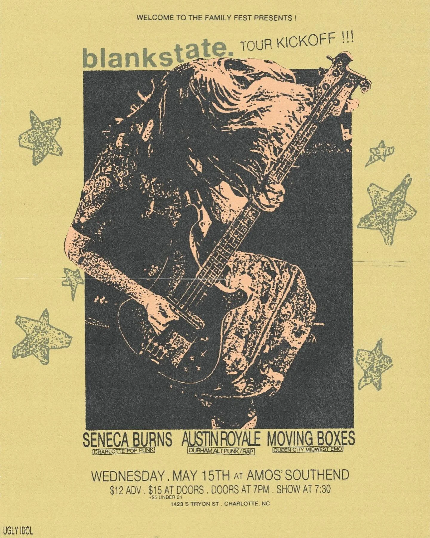 Promotional poster for Blankstate tour kickoff with image of guitarist, event details, and featured bands Seneca Burns, Austin Royale, and Moving Boxes.