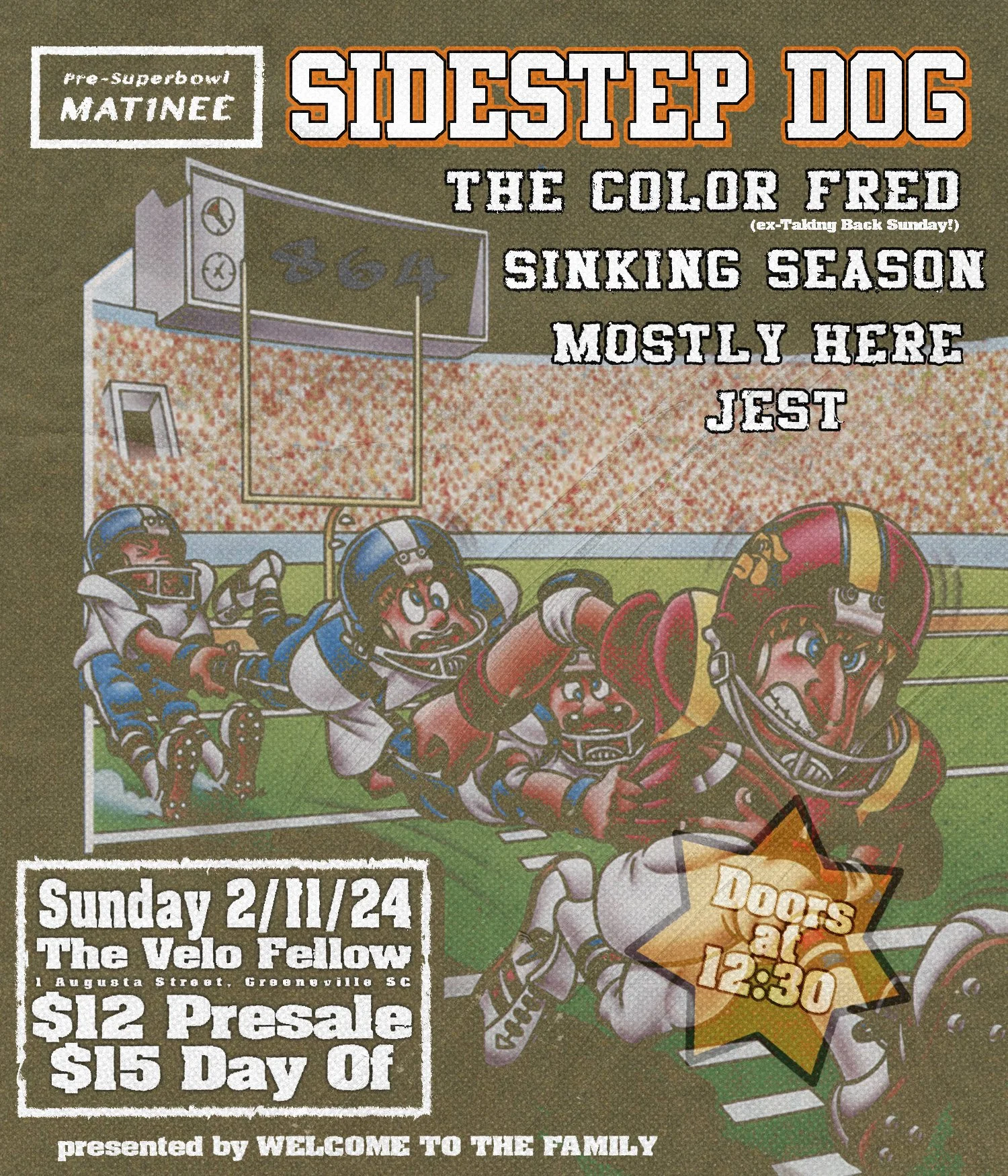 Promotional flyer for a pre-Super Bowl matinee featuring bands Sidestep Dog, The Color Fred, Sinking Season, Mostly Here, and Jest at The Velo Fellow in Greenville, SC on February 11, 2024. Illustrated cartoon of football players in action. Event details include $12 presale and $15 day of tickets, with doors opening at 12:30.