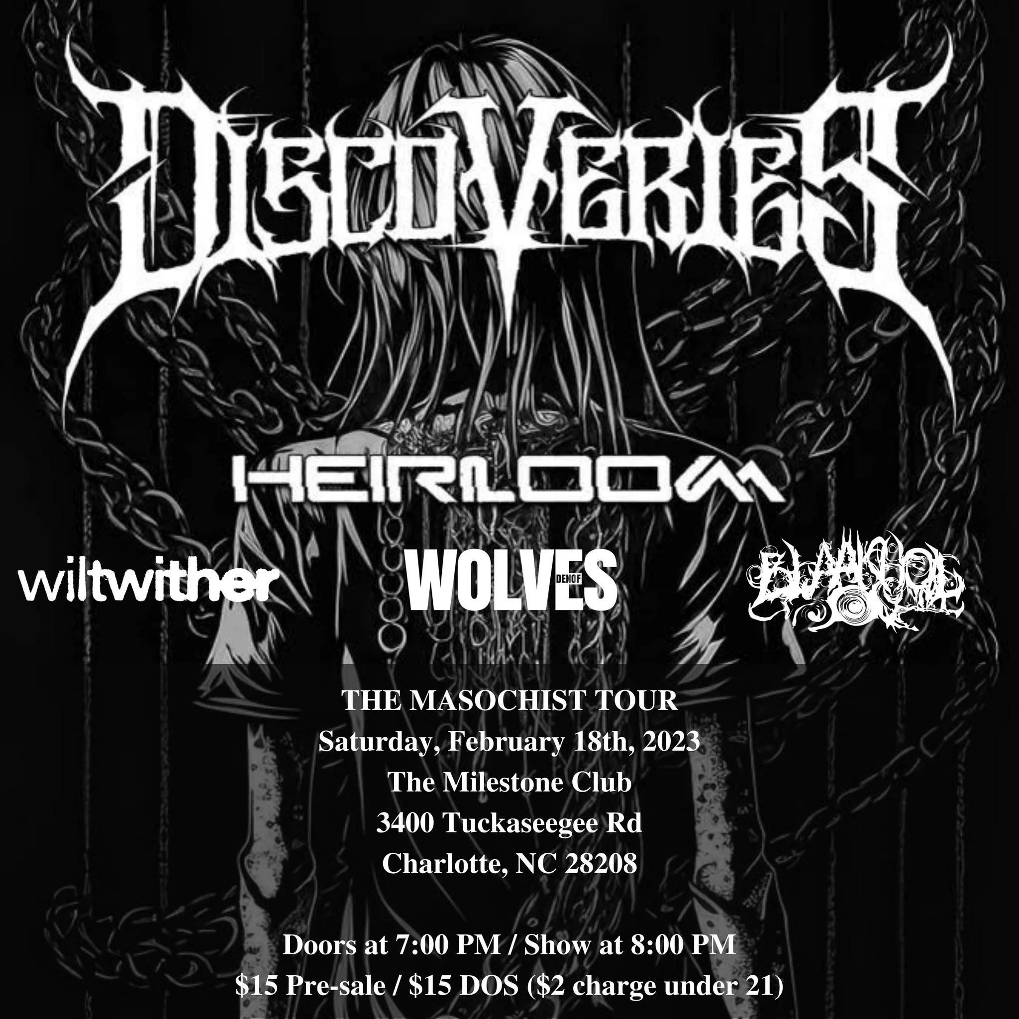 Concert poster for "Discoveries" with supporting acts, featuring a gothic illustration, promoting "The Masochist Tour" on February 18, 2023, at The Milestone Club in Charlotte, NC. Details include ticket pricing and showtime.
