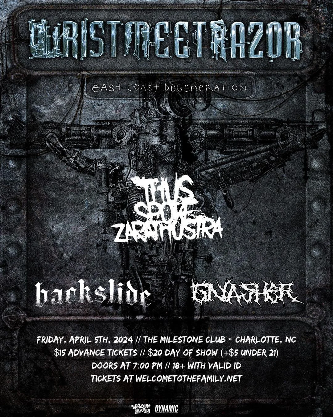 Concert poster for Wristmeetrazor's "East Coast Degeneration" tour featuring This Shoe Zarathoustra, Backslide, and Gnasher. Event at The Milestone Club, Charlotte, NC on April 5, 2024. Ticket prices $15 in advance, $20 at the door. Doors open at 7:00 PM, 18+ event. Tickets available at welcometothefamily.net.