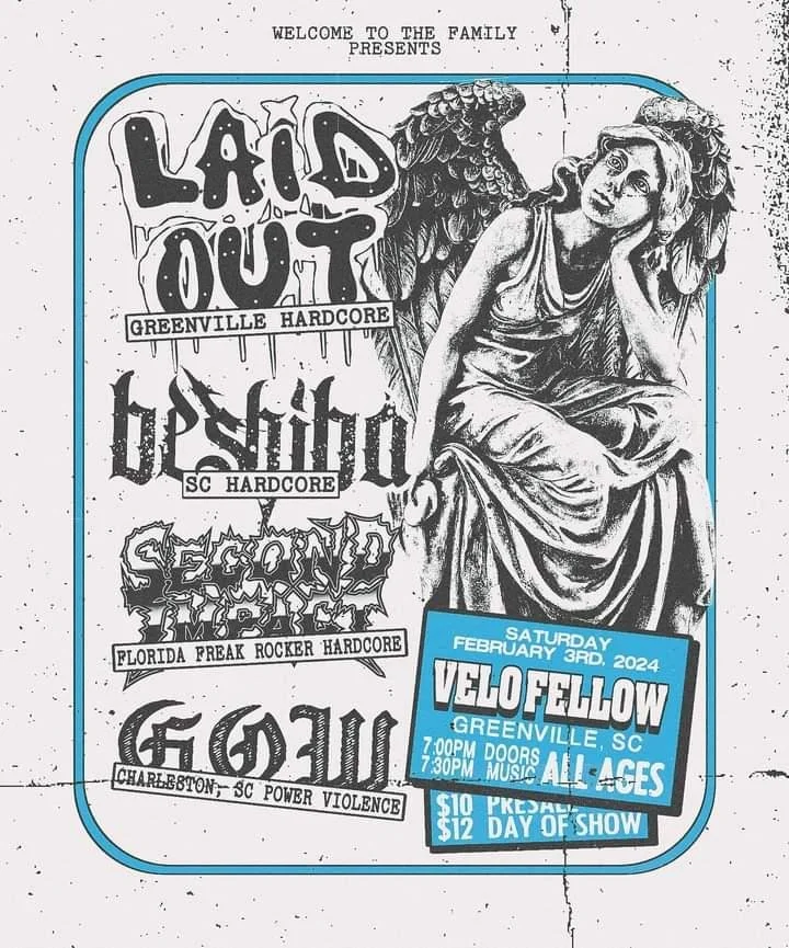 Concert flyer for 'Welcome to the Family' event, with bands Laid Out, Be Shiba, Second Impact, and G.O.W., scheduled for February 3, 2024, at Velo Fellow in Greenville, SC. Flyer features an artistic image of a contemplative angel sculpture. Show starts at 7:30 PM. Ticket prices are $10 presale and $12 day of show.