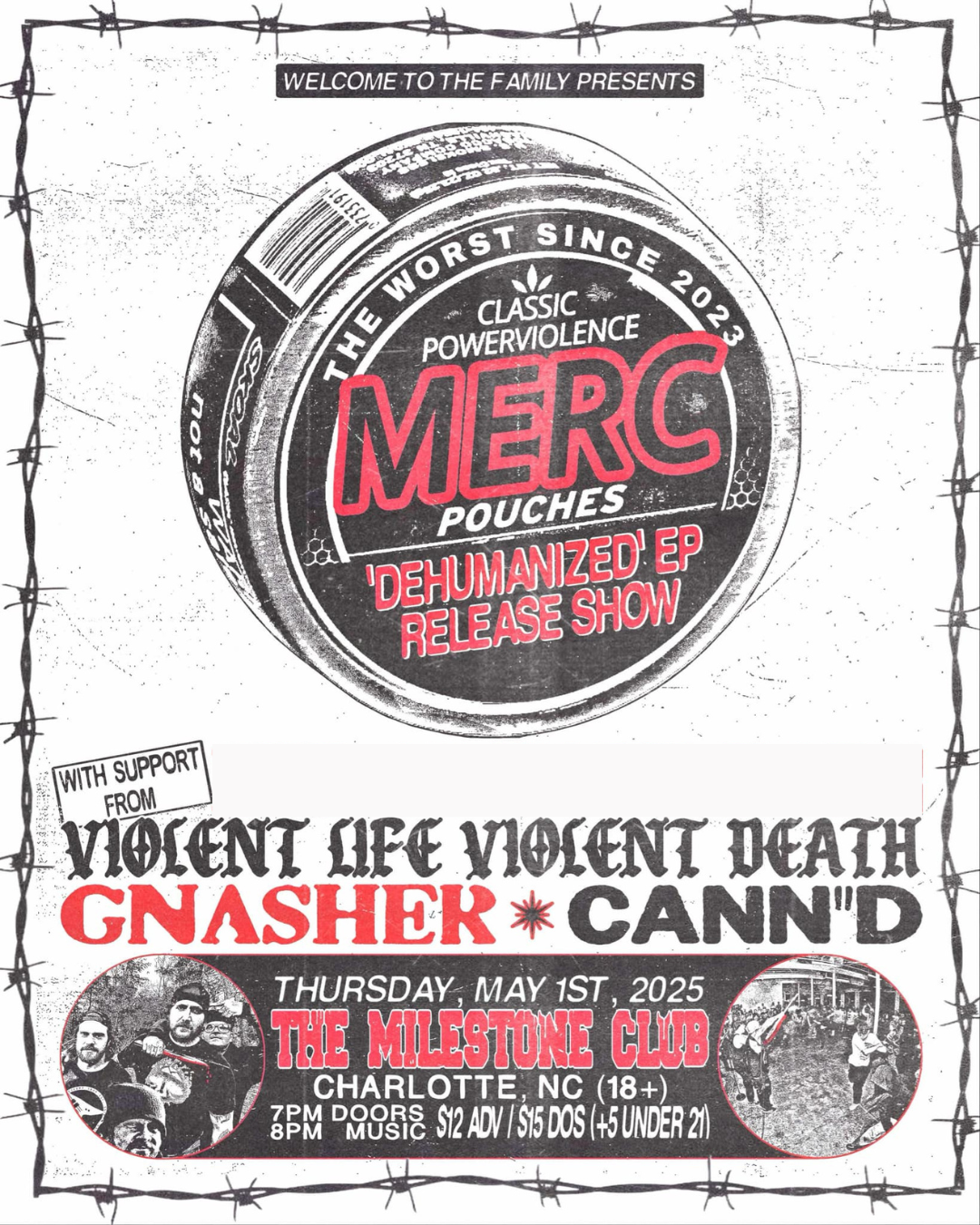 Concert poster for 'MERC' release show on May 1, 2025, at The Milestone Club, Charlotte, NC. Event features bands Violent Life Violent Death, Gnasher, and Cann'd. Doors at 7 PM, music at 8 PM. Tickets $12 in advance, $15 at the door, $5 surcharge for under 21.