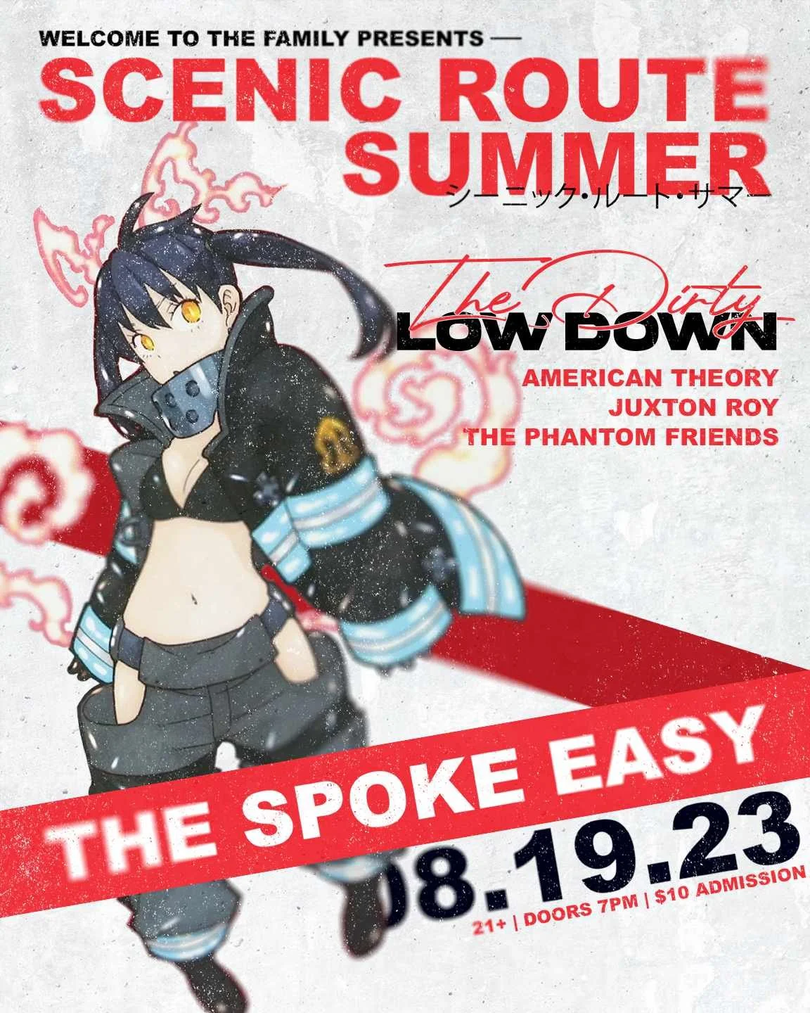 Promotional poster for a music event titled 'Scenic Route Summer' featuring anime-style character. Bands listed include The Dirty Low Down, American Theory, Juxton Roy, and The Phantom Friends. Event at The Spoke Easy on 08.19.23, 21+ entry, doors open at 7PM, $10 admission.