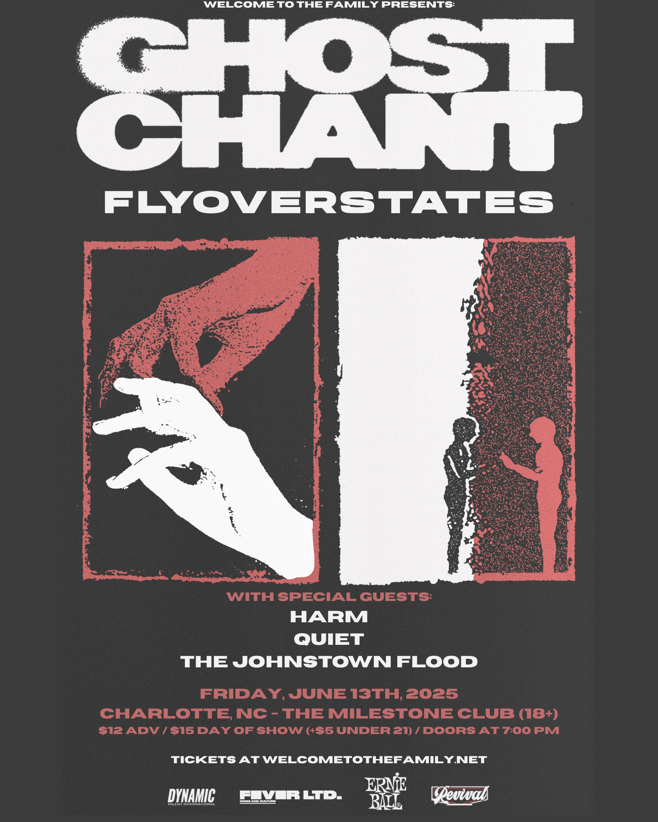 A concert poster featuring Ghost Chant with special guests Harm, Quiet, The Johnstown Flood, scheduled for June 13th, 2025 at The Milestone Club in Charlotte, NC. The poster has a black background with white and red text and graphics of hands and two people in conversation.