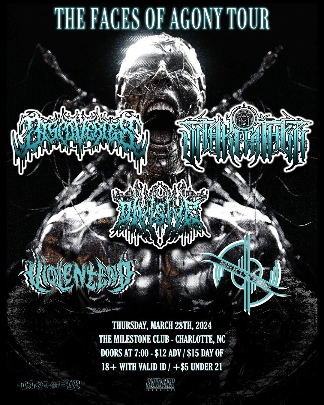 Concert poster for "The Faces of Agony Tour" featuring logos of bands like Begravement, Inhabit, and Divisive. Event details: March 28, 2024, at The Milestone Club, Charlotte, NC. Age 18+ with ID, $12 advance, $15 at door, $5 under 21.