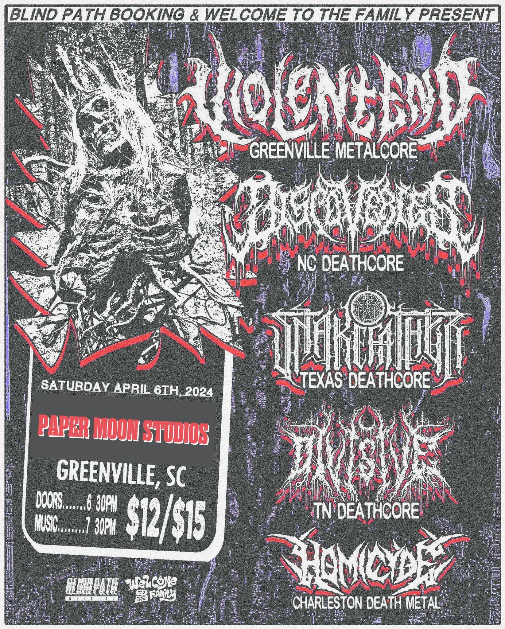 Concert poster for a metal event at Paper Moon Studios, Greenville, SC on April 6, 2024. Bands include Violenyde, Dcrapotics, Tracheotomy, Divisive, and Homicide, featuring genres like metalcore and deathcore.