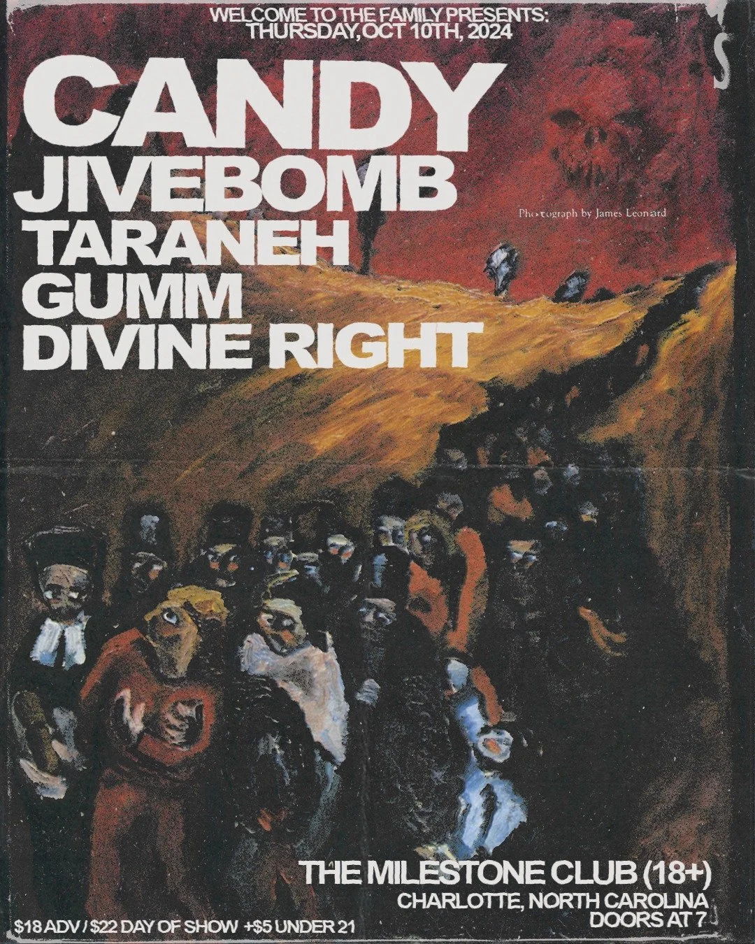 Promotional poster for a music event featuring bands Candy, Jivebomb, Taraneh, Gumm, and Divine Right at The Milestone Club, Charlotte, NC on October 10, 2024. Includes abstract art background and ticket pricing details.