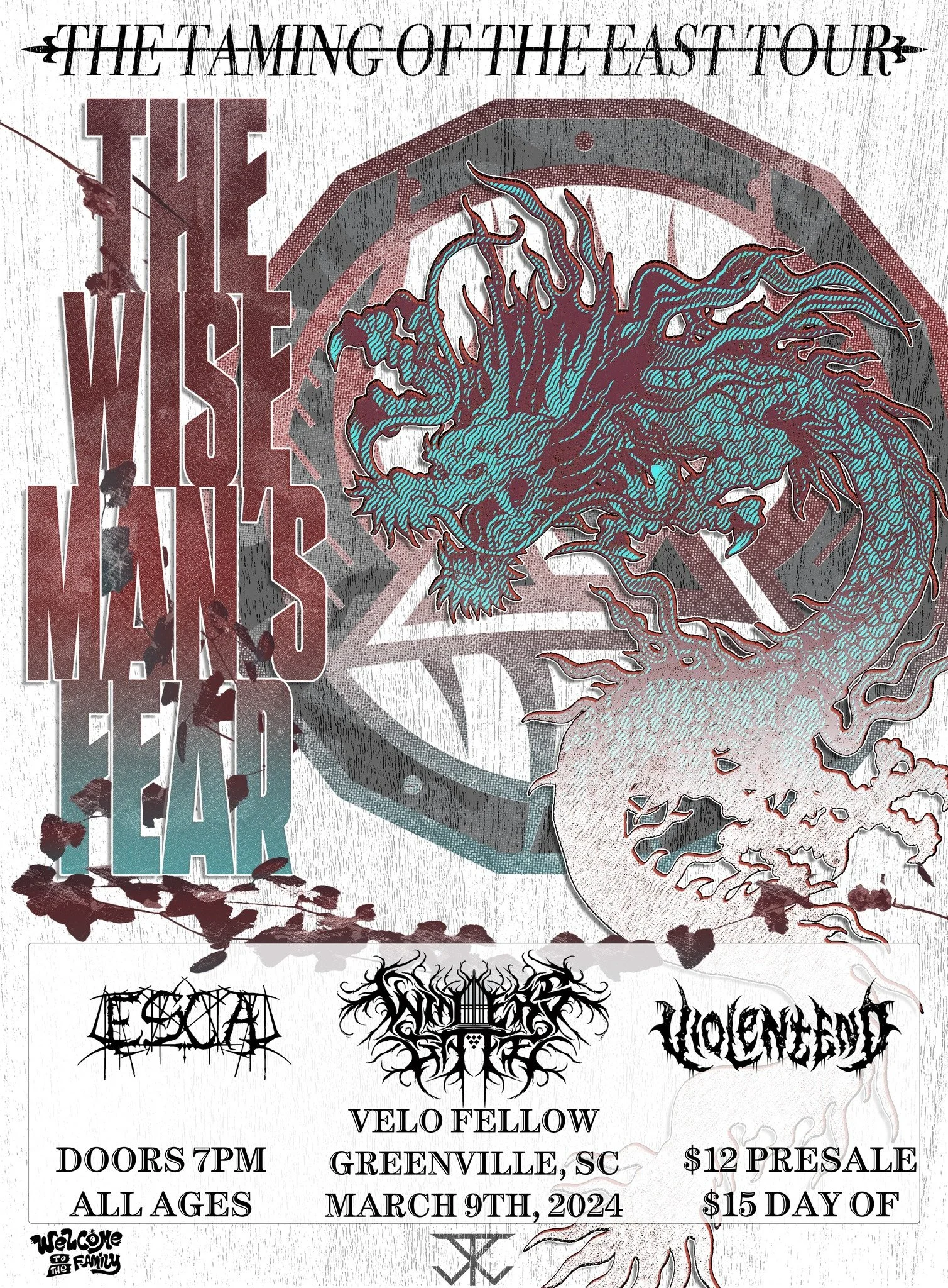 Concert poster for The Wise Man's Fear "The Taming of the East Tour" on March 9, 2024, at Velo Fellow in Greenville, SC, featuring bands Ascia, The Wise Man's Fear, and Violentend. Doors open at 7PM, all ages event, tickets $12 presale, $15 day of. Design includes a stylized dragon and band logos.