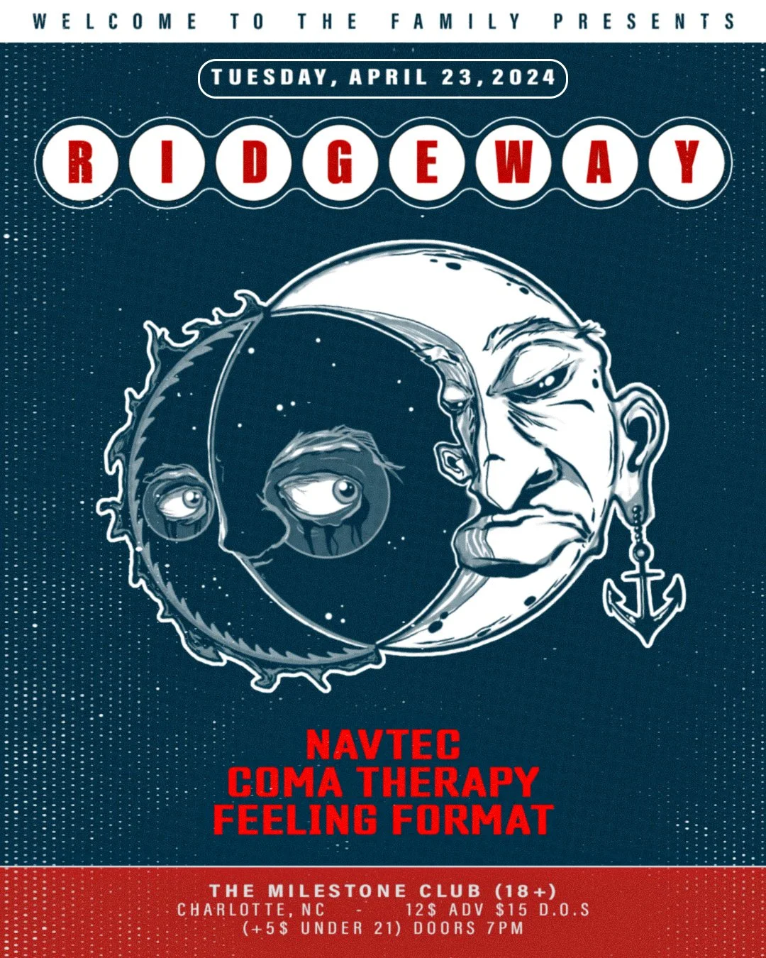 Concert poster for "Ridgeway" show on April 23, 2024, featuring bands Navtec, Coma Therapy, and Feeling Format. Event at The Milestone Club, Charlotte, NC, with entry details and a graphic of a moon and sun illustration. Styled text and anchor symbol included.