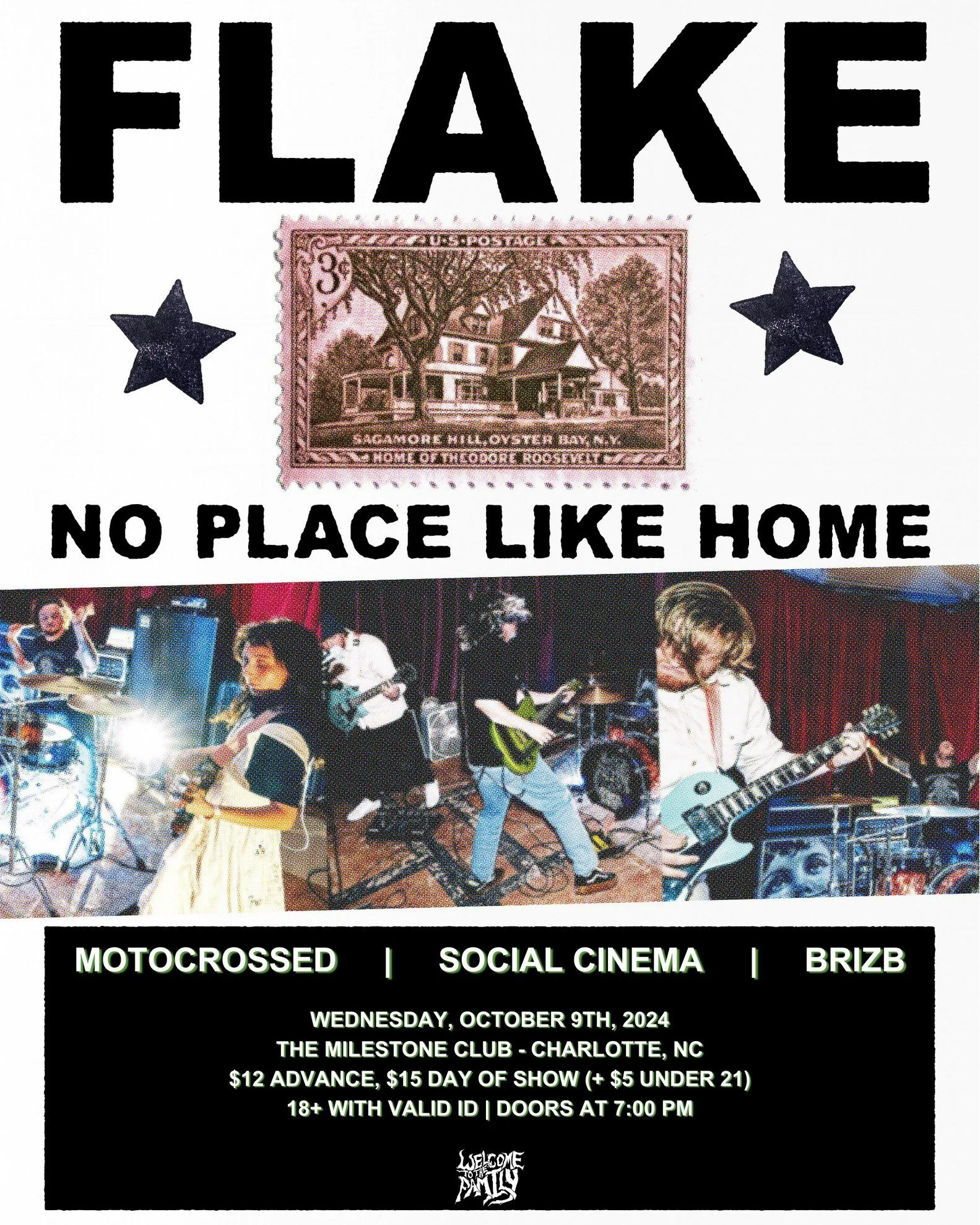 Concert poster for "Flake: No Place Like Home" featuring bands Motocrossed, Social Cinema, and Brizb. Event at The Milestone Club, Charlotte, NC, on Wednesday, October 9, 2024, at 7:00 PM. Tickets $12 advance, $15 day of show, with an extra $5 for under 21. Age restriction is 18+ with valid ID. Features a U.S. postage stamp and a band performance image.