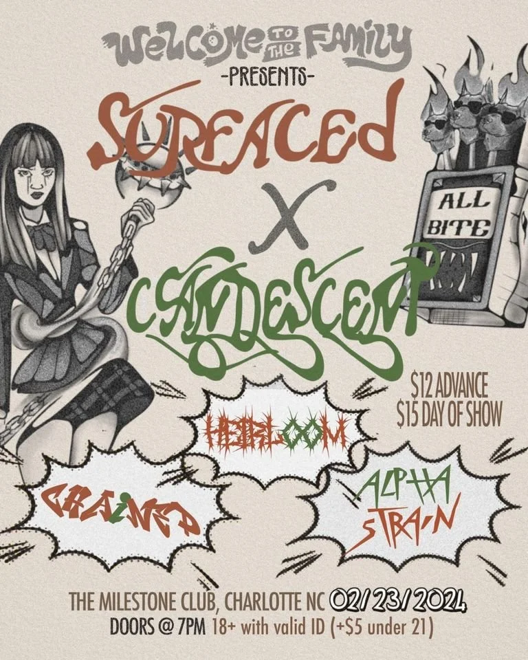 Concert flyer featuring band names 'Surfaced' and 'Candescent,' along with other bands 'Heirloom,' 'Alpha Strain,' and 'Chained.' Includes cartoon-like art of a girl with a robotic arm and a pack of cigarettes labeled 'All Bite.' Event details mention 'The Milestone Club, Charlotte NC, 02/23/2024,' with entry prices and age restrictions.