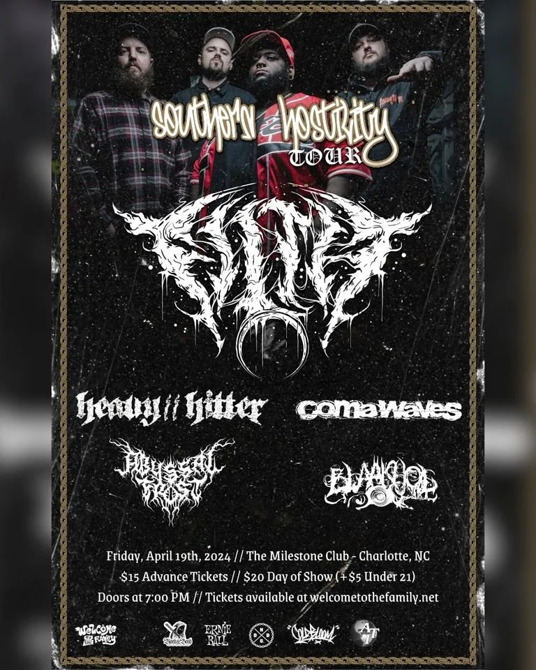 Concert poster for "Southern Hostility Tour" featuring heavy metal bands. Event on April 19, 2024, at The Milestone Club in Charlotte, NC. Advance tickets for $15, $20 on the day, additional $5 for under 21. Bands include Heavy Hitter, Coma Waves, and others.