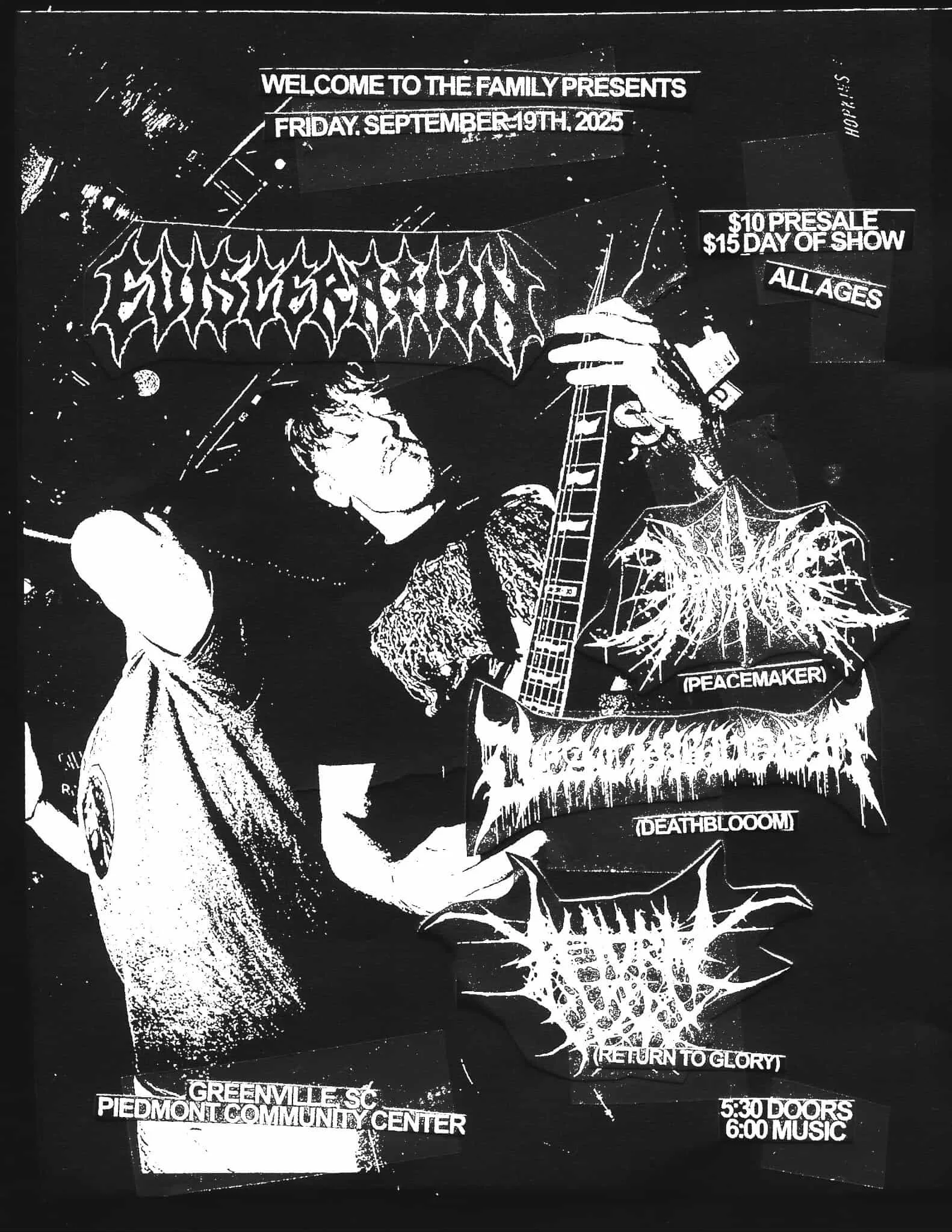 Black and white flyer for a heavy metal concert featuring band logos, with event details and a photo of a person playing guitar.