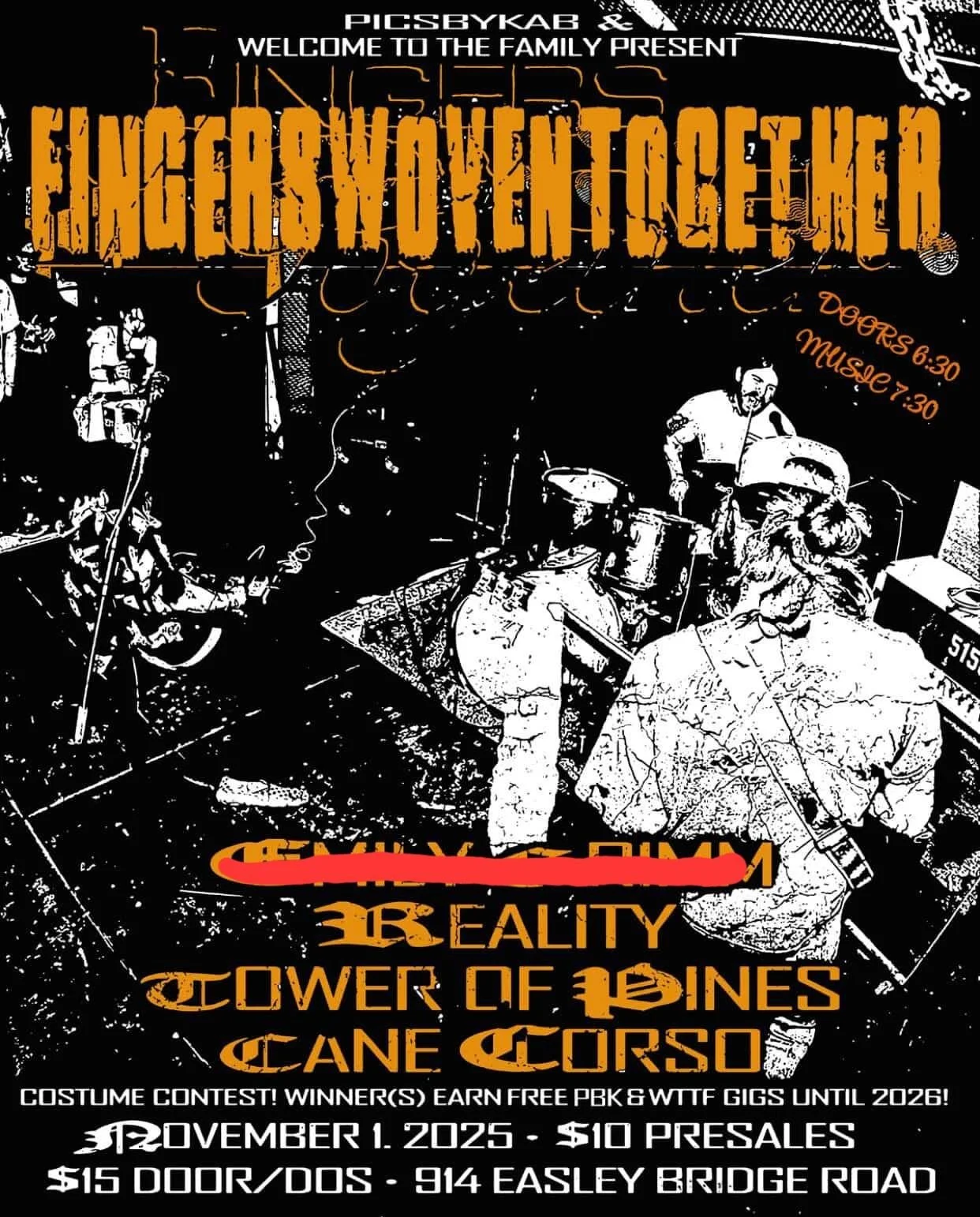Event poster for a performance by Fingerpoint and other bands, held on November 1, 2025, at 914 Easley Bridge Road. Doors open at 6:30 pm, and music starts at 7:30 pm. Cost is $15 at the door or pre-sale for $10. The poster promotes a costume contest with winners earning free beer and gig tickets. The bands listed are related to punk and rock music.