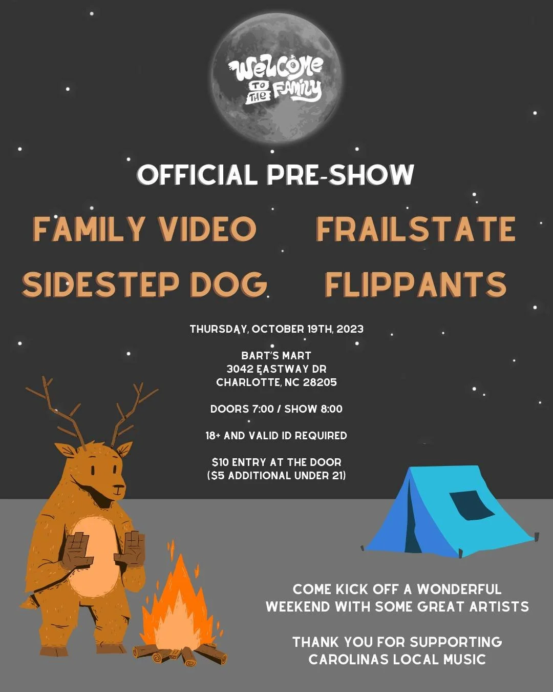 Concert poster for "Welcome to the Family" official pre-show featuring bands Family Video, Frailstate, Sidestep Dog, and Flippants. Event is on October 19, 2023, at Bart's Mart, Charlotte, NC. Doors open at 7:00 PM, show at 8:00 PM. $10 entry, additional $5 under age 21. Includes cartoon deer, campfire, and tent illustrations.