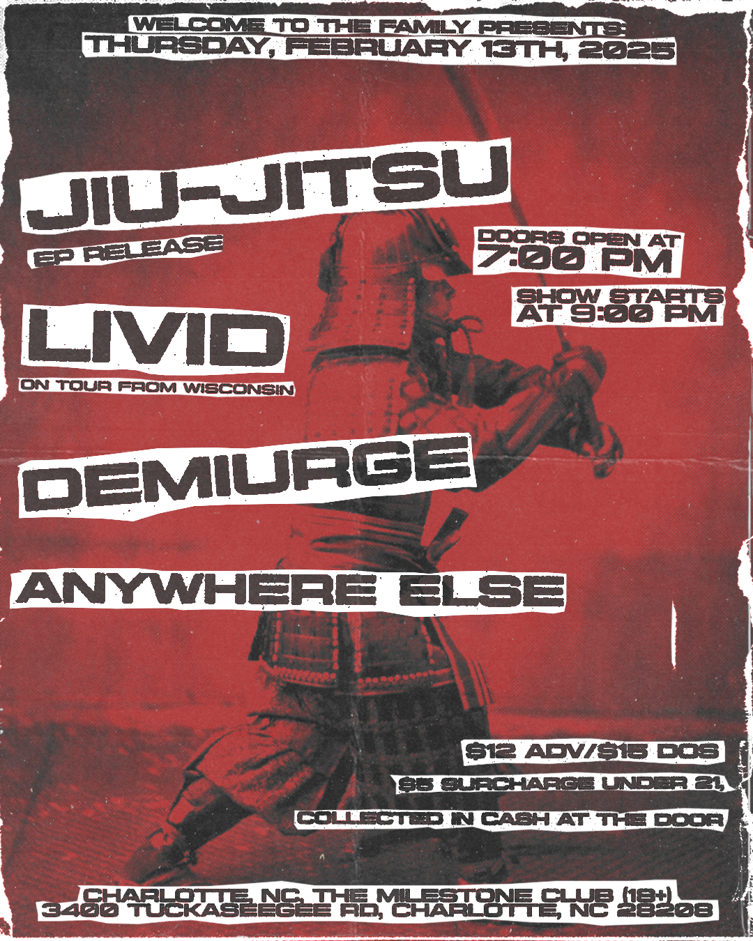 Concert poster for "Welcome to the Family Presents" on February 13, 2025, featuring bands Jiu-Jitsu, Livid, Demiurge, and Anywhere Else at The Milestone Club, Charlotte, NC. Details include 7:00 PM doors, 9:00 PM show, with ticket prices and age restrictions.