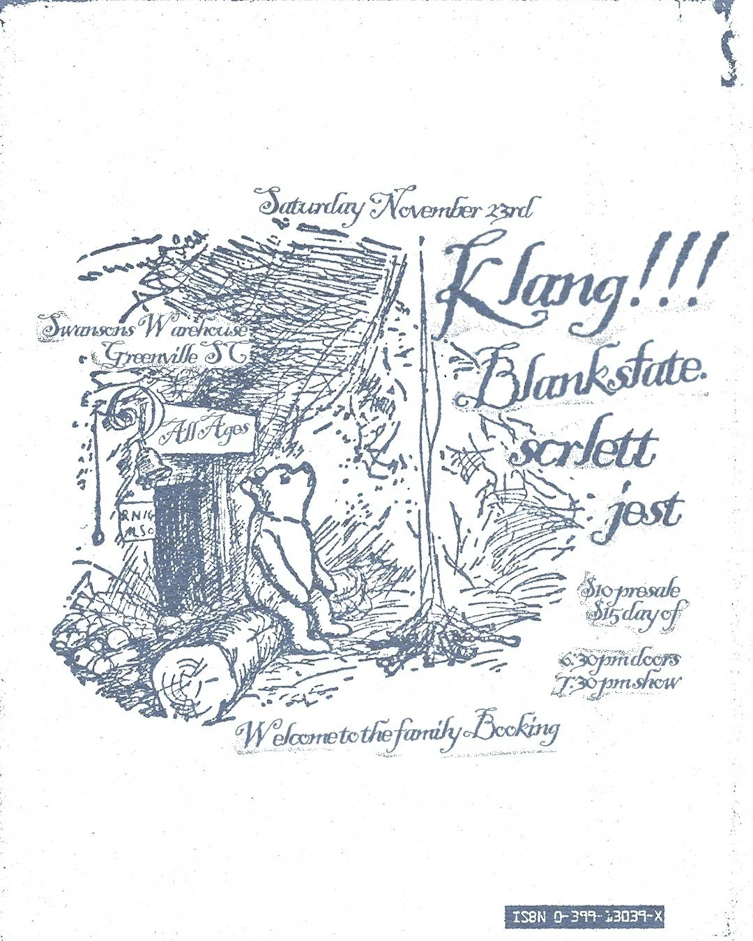 Illustrated concert poster featuring a bear from a children's book, promoting a music event on Saturday, November 23rd at Swansons Warehouse in Greenville, SC. Event details include bands Klang, Blankstate, Scarlett, and Jest, with a $10 presale ticket and $15 on the day. Doors open at 6:30 pm, show starts at 7:30 pm. Text says "Welcome to the family booking."