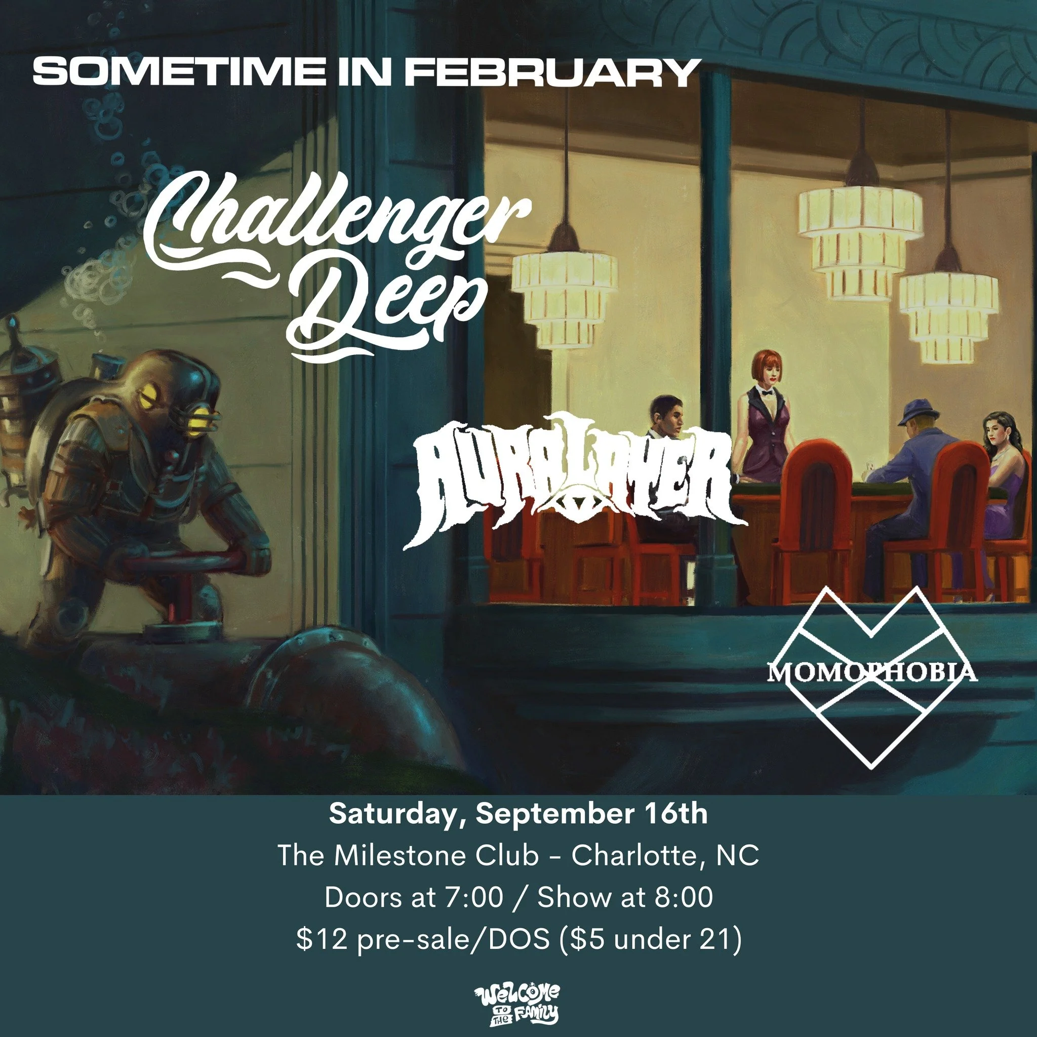 Band poster featuring Challenger Deep, Auralayer, and Momophobia performing at The Milestone Club in Charlotte, NC on Saturday, September 16th. Illustrated scene with a diver and people in a diner.