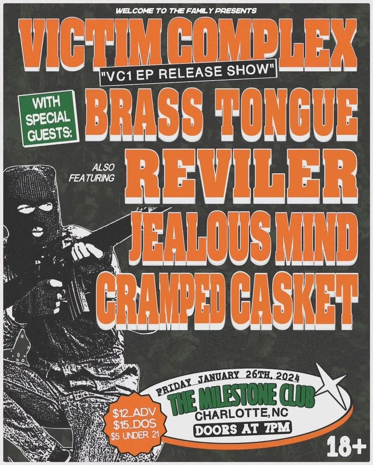 Concert poster for Victim Complex's "VC1 EP Release Show" featuring Brass Tongue, Reviler, Jealous Mind, and Cramped Casket at The Milestone Club in Charlotte, NC on Friday, January 26th, 2024. Entry prices are $12 in advance, $15 at the door, $5 for under 21. Showtime at 7 PM, 18+ event. Poster includes an illustration of a person wearing a mask and holding a weapon.