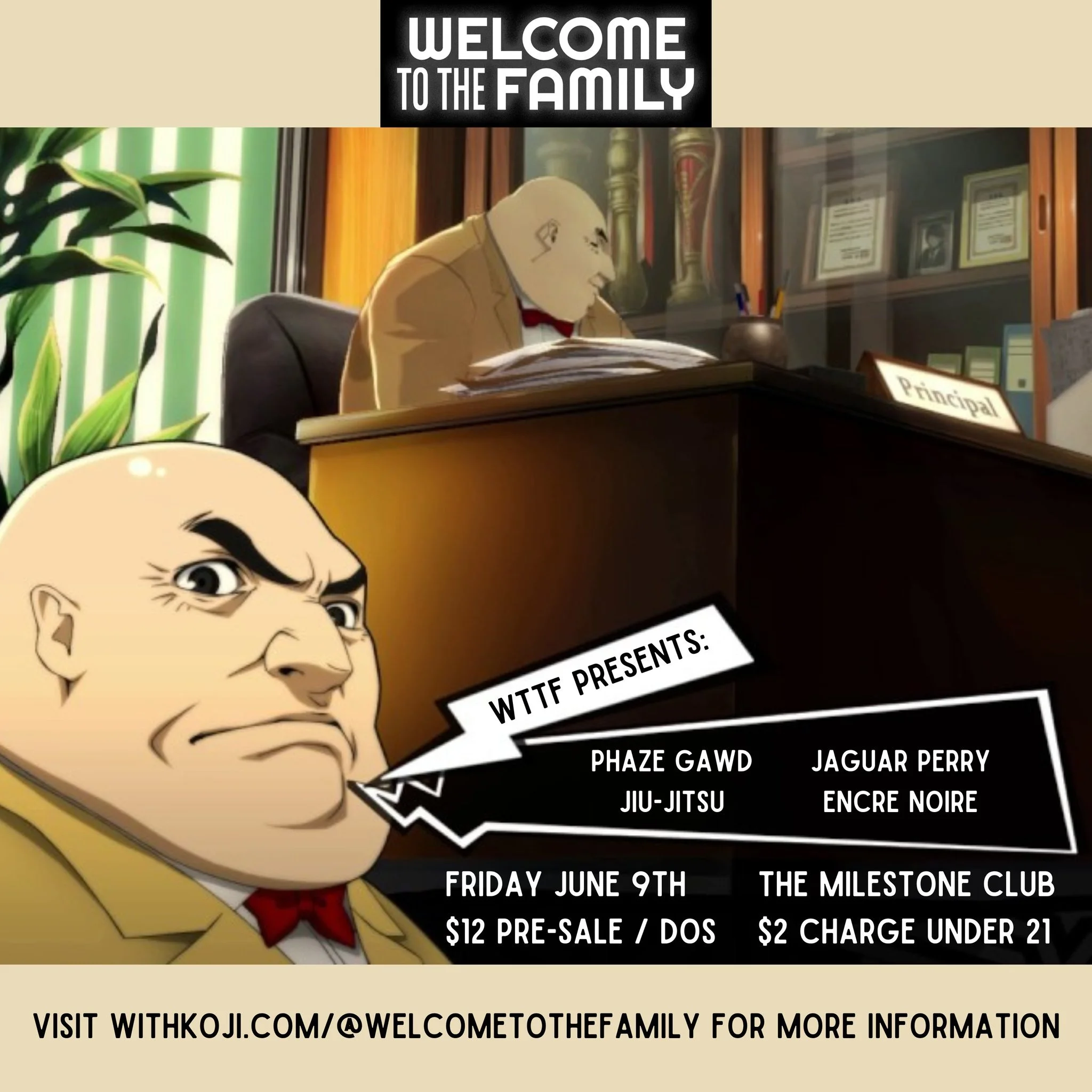 Cartoon character in a principal's office with promotional details for a music event featuring Phaze Gawd among others at The Milestone Club on Friday, June 9th. Event details include ticket prices and charges for attendees under 21. Website link for more information.