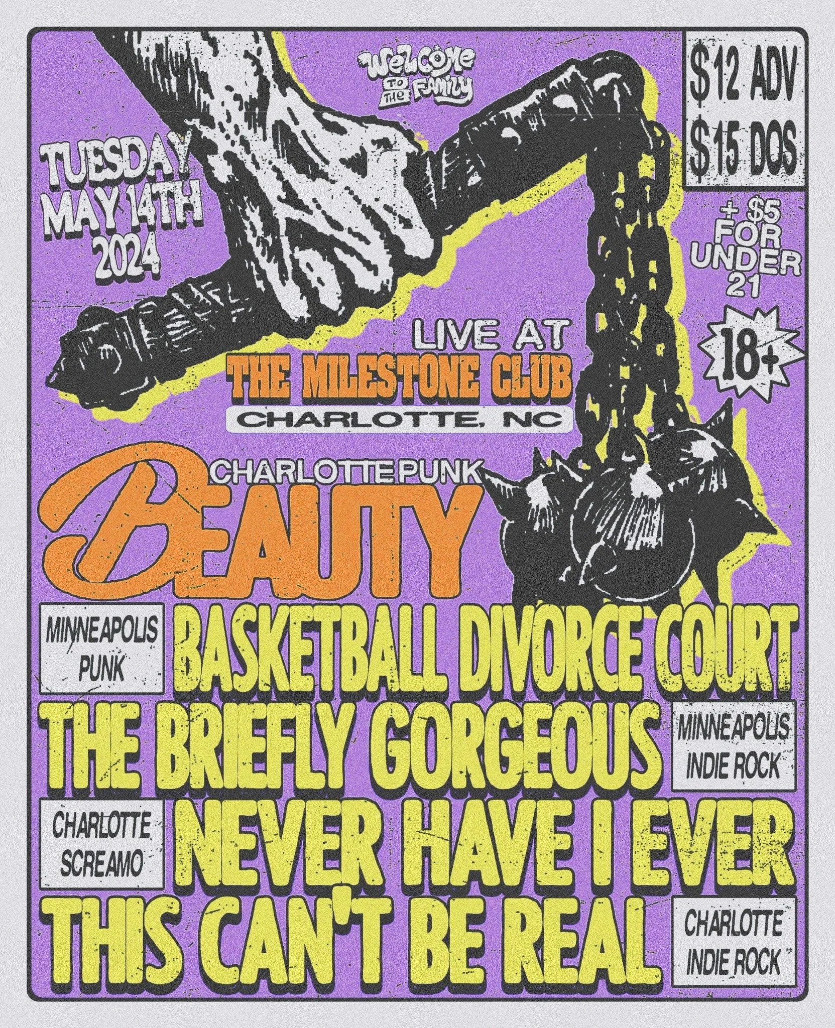 Concert poster for a punk and indie rock event at The Milestone Club in Charlotte, NC on Tuesday, May 14th, 2024. Bands performing include Beauty, Basketball Divorce Court, The Briefly Gorgeous, Never Have I Ever, and This Can't Be Real. Ticket prices are $12 in advance and $15 at the door, with an additional $5 fee for attendees under 21. The event is 18 and over.
