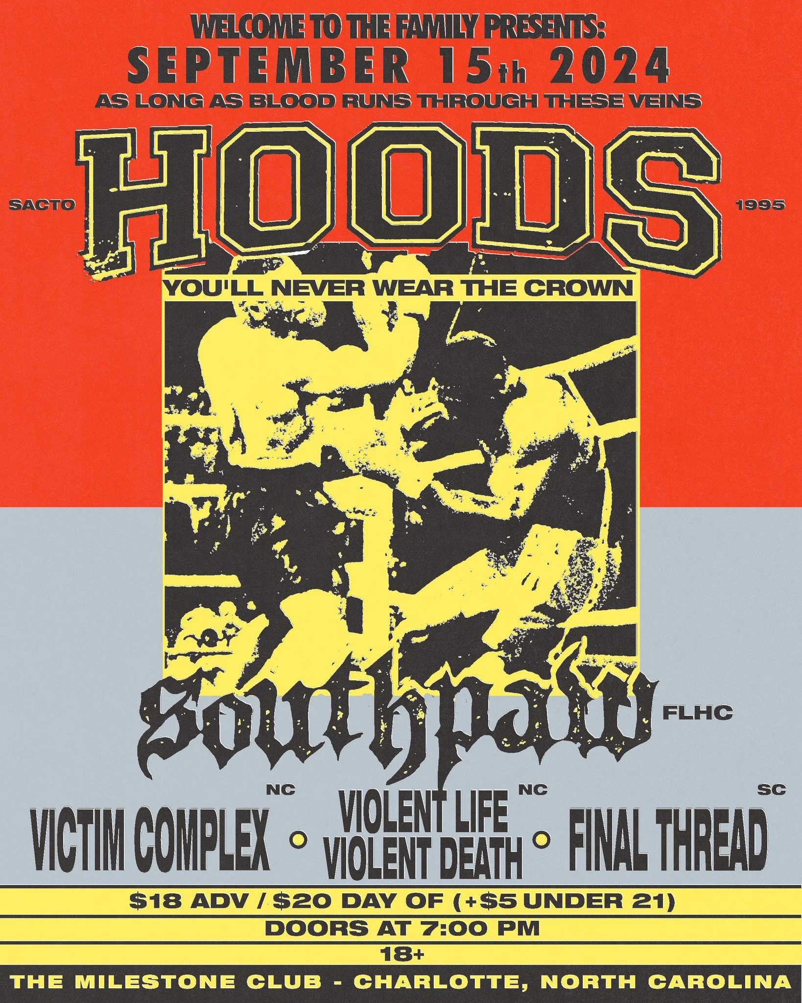Concert poster for September 15, 2024, featuring bands "Hoods," "Southpaw," "Victim Complex," "Violent Life Violent Death," and "Final Thread" at The Milestone Club in Charlotte, North Carolina. Age restriction 18+. Ticket prices $18 in advance, $20 on the day, with an additional $5 charge for those under 21.
