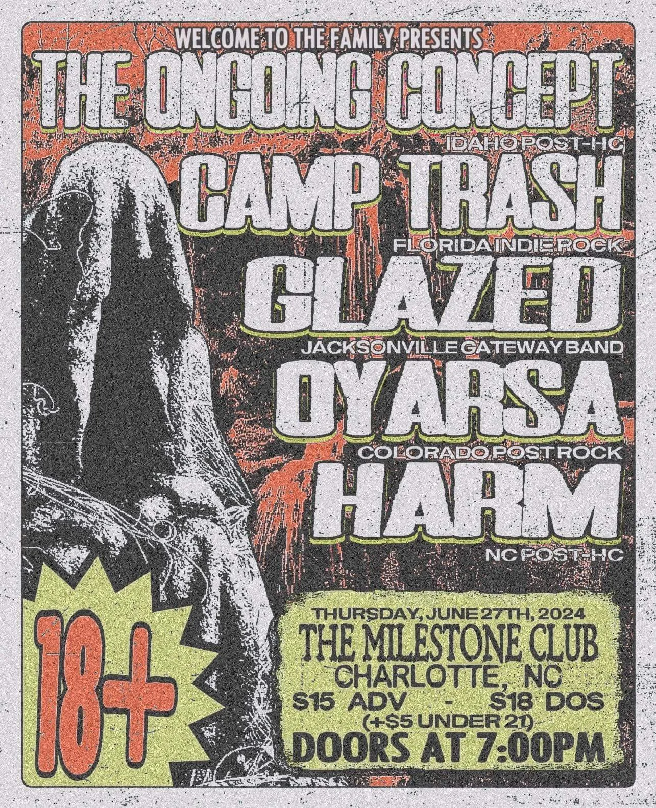 Concert poster for "The Ongoing Concept" with bands Camp Trash, Glazed, Oyarsa, Harm. Event at The Milestone Club, Charlotte, NC, on June 27, 2024. Includes genre descriptions and ticket prices, age restriction 18+.