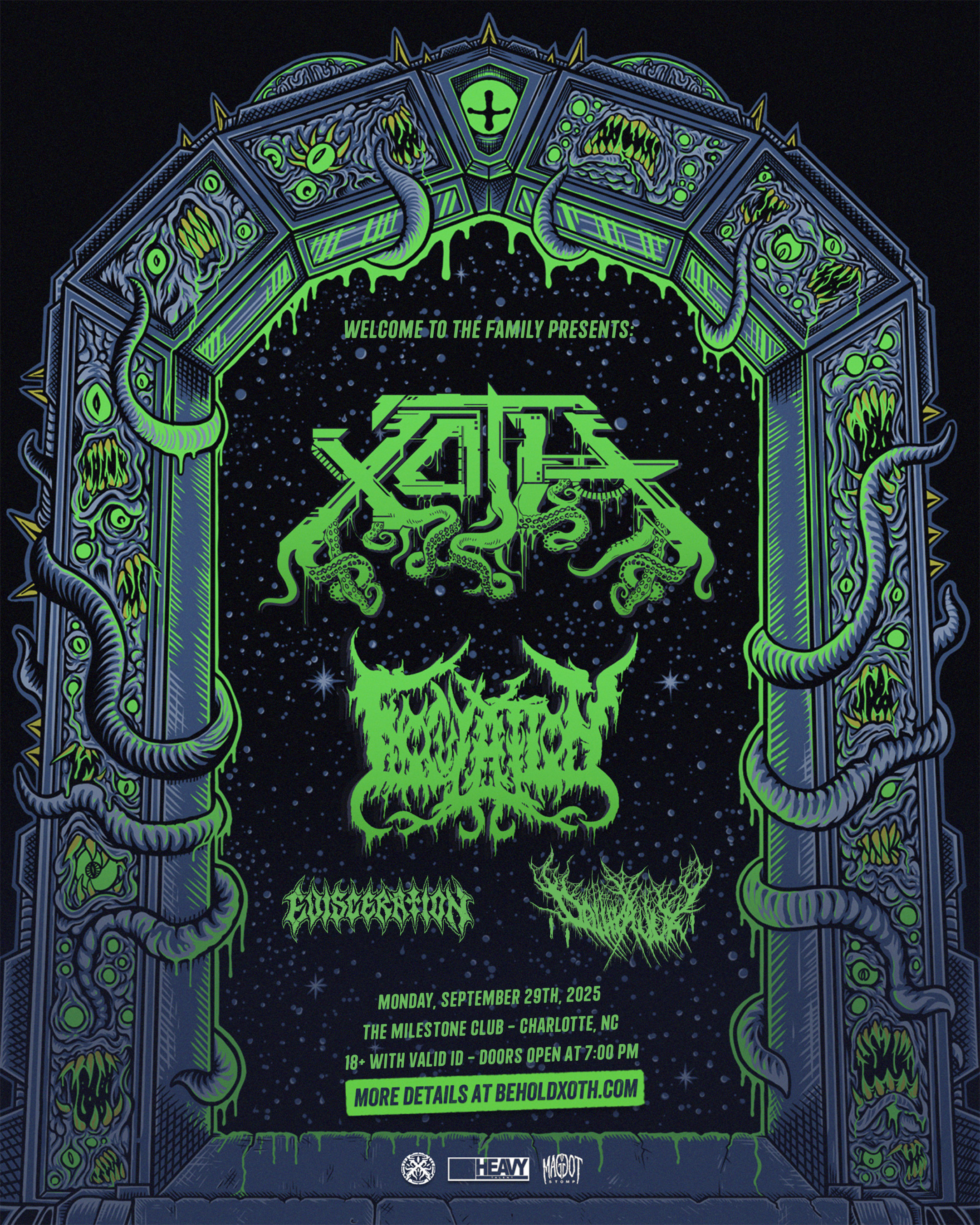Event poster for a metal concert featuring bands XoT, Cryptic Shapes, and Dystopia, with details about date, location, and age restriction, decorated with a lime green skull and tentacle design on a dark background.