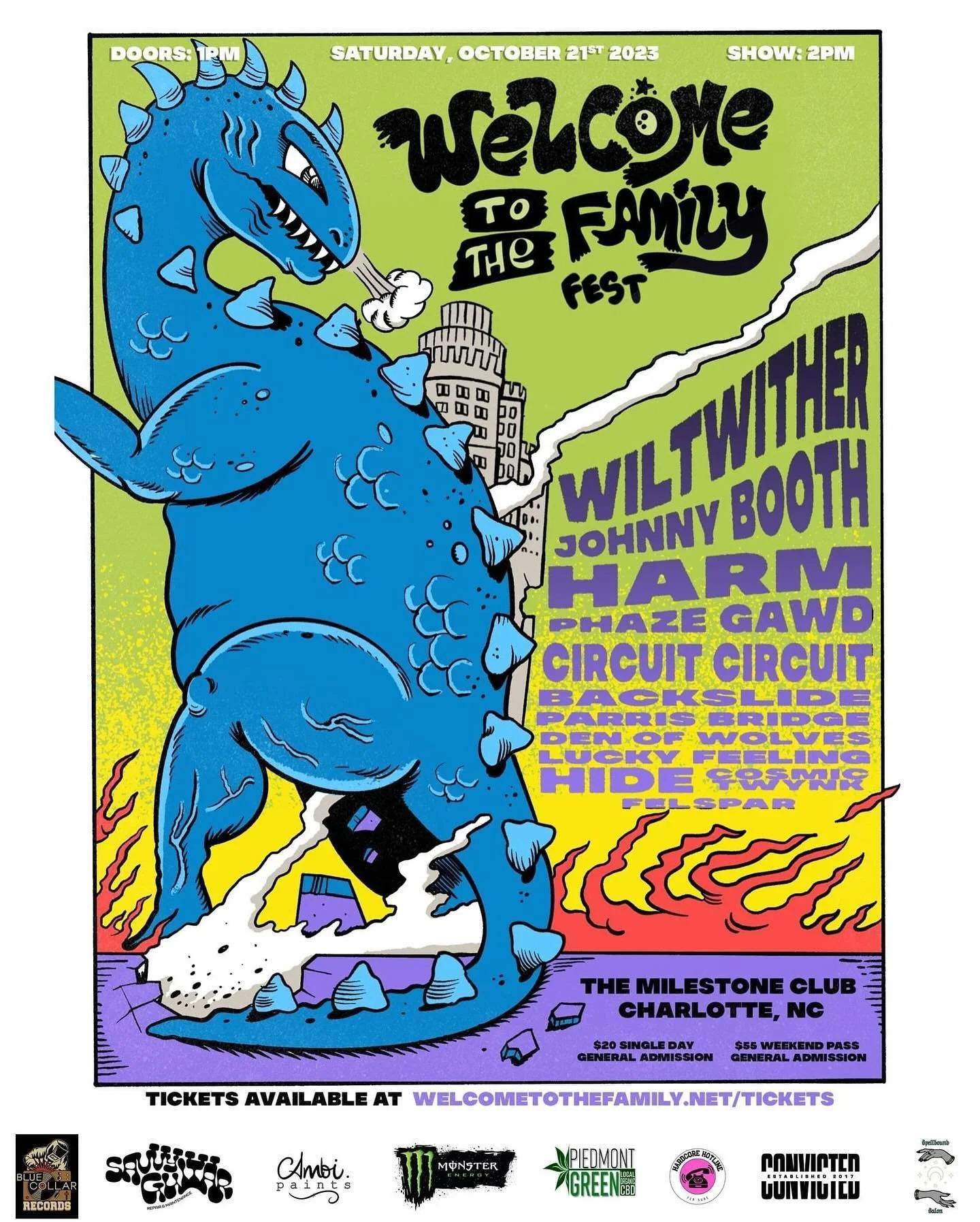 Poster for "Welcome to the Family Fest" on October 21, 2023, featuring a cartoon blue dinosaur in a city setting. Lists bands like Wiltwither, Johnny Booth, and others. Event at The Milestone Club, Charlotte, NC.