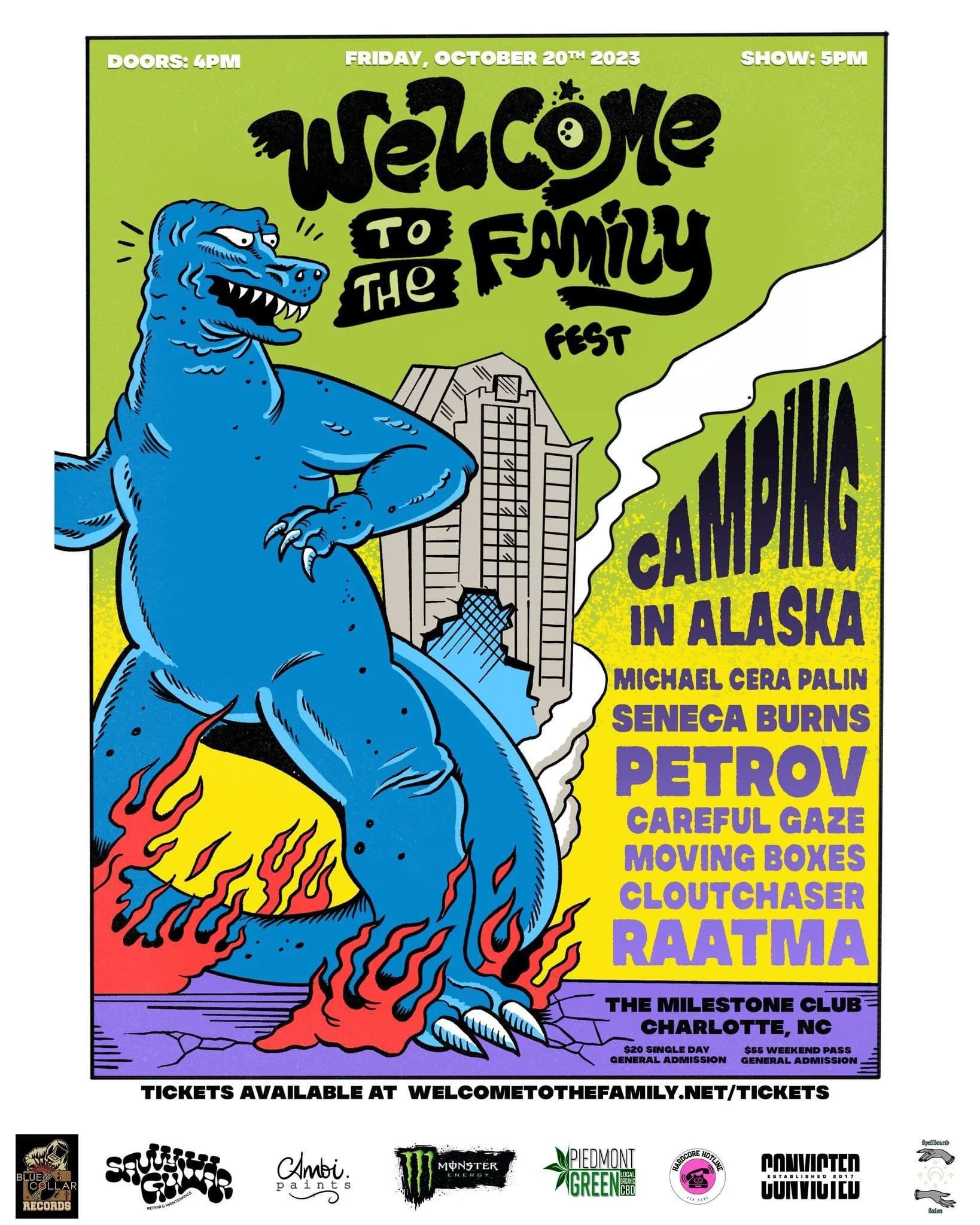 Event poster for "Welcome to the Family Fest" on October 20th, 2023, featuring a blue monster next to a cityscape. Listed bands include Camping in Alaska, Michael Cera Palin, Seneca Burns, Petrov, Careful Gaze, Moving Boxes, Cloutchaser, and Raatma. Venue: The Milestone Club, Charlotte, NC.