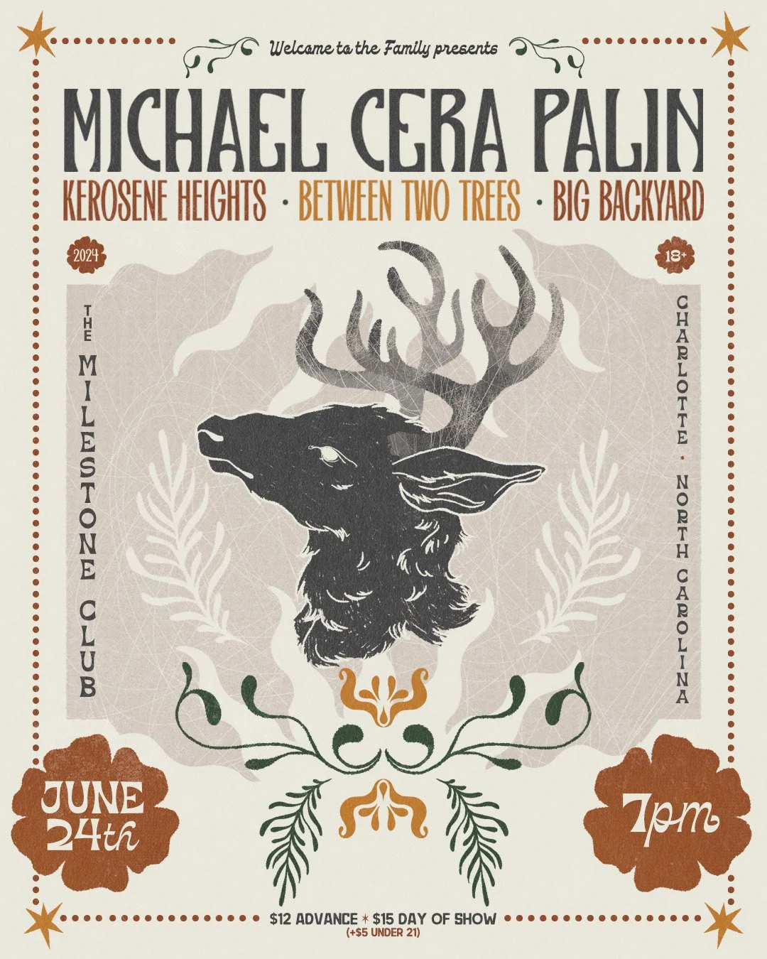 Illustrated concert poster for Michael Cera Palin with bands Kerosene Heights, Between Two Trees, and Big Backyard, featuring a deer's head with antlers. Event details include: June 24th, 7 pm, at The Milestone Club in Charlotte, North Carolina. Tickets are $12 advance, $15 on the day, with $5 extra for under 21.