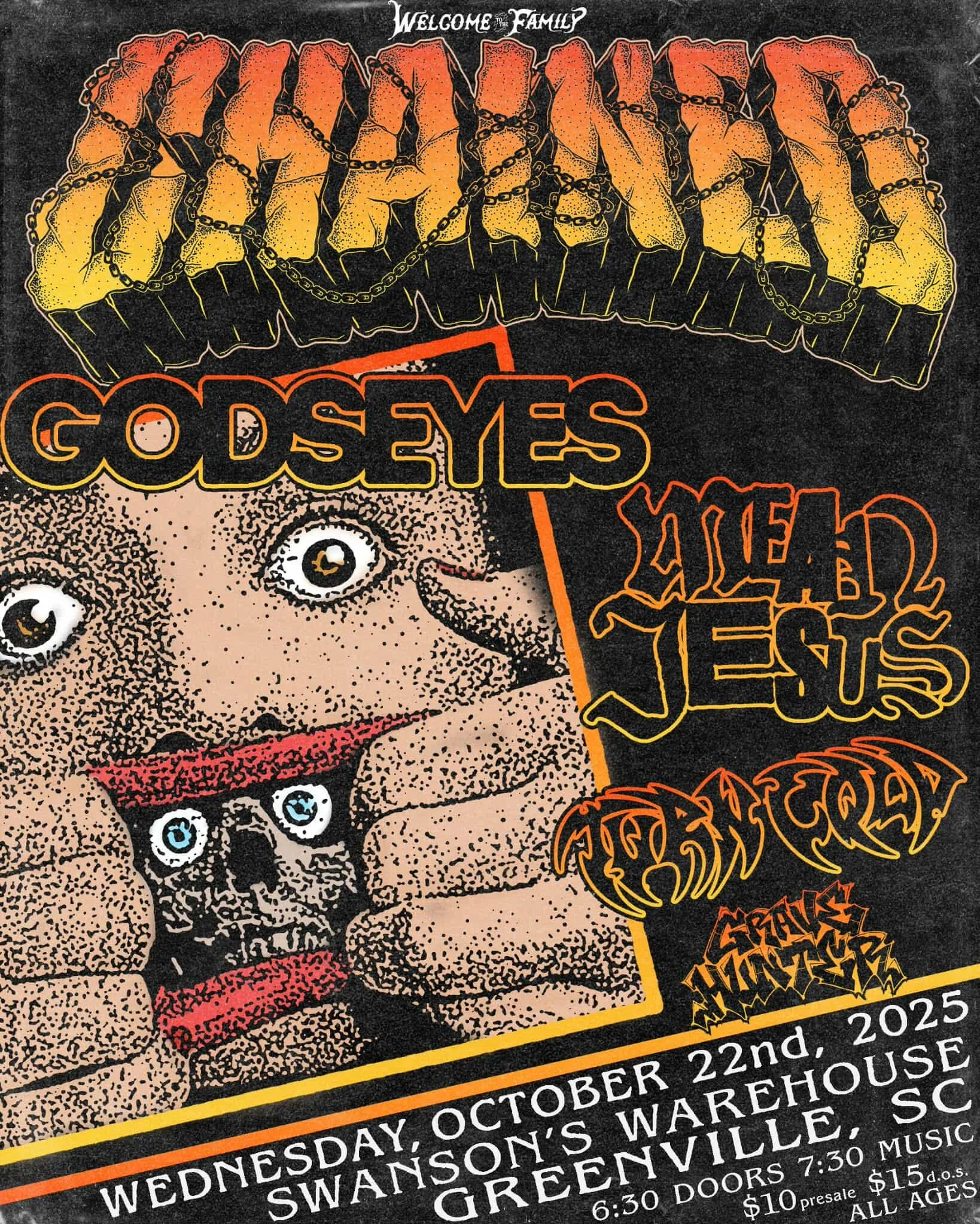 Concert poster for Godseyes, Scream Machine, Chainsaw, and other bands, scheduled for October 22nd, 2025 at Swanasonic's Warehouse in Greenville, South Carolina. The poster has a dark background with colorful, stylized text and artwork, including an illustration of a child holding a skull with a blue eye inside a cup, and chains and graffiti-style fonts.