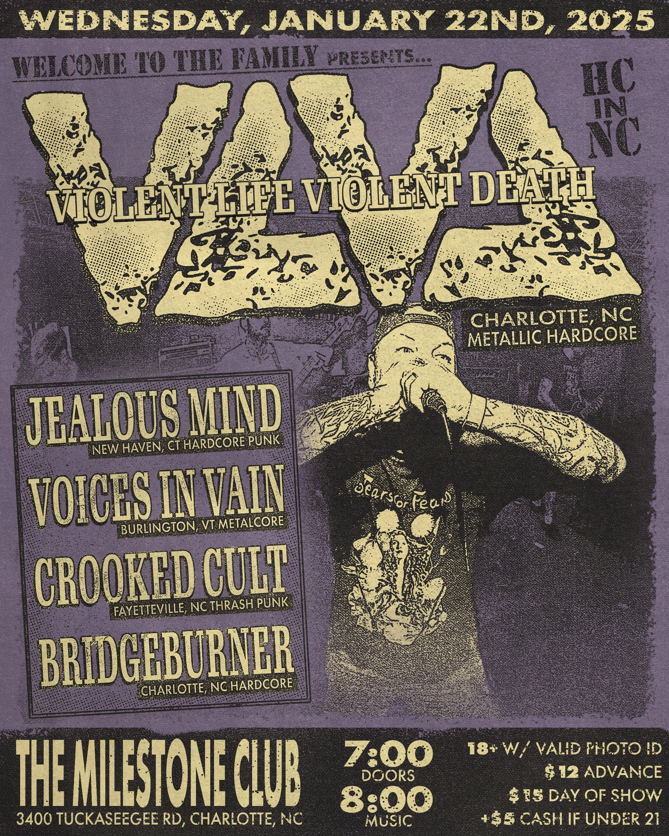 Concert poster for "Violent Life Violent Death" at The Milestone Club on January 22, 2025, featuring bands Jealous Mind, Voices in Vain, Crooked Cult, and Bridgeburner.