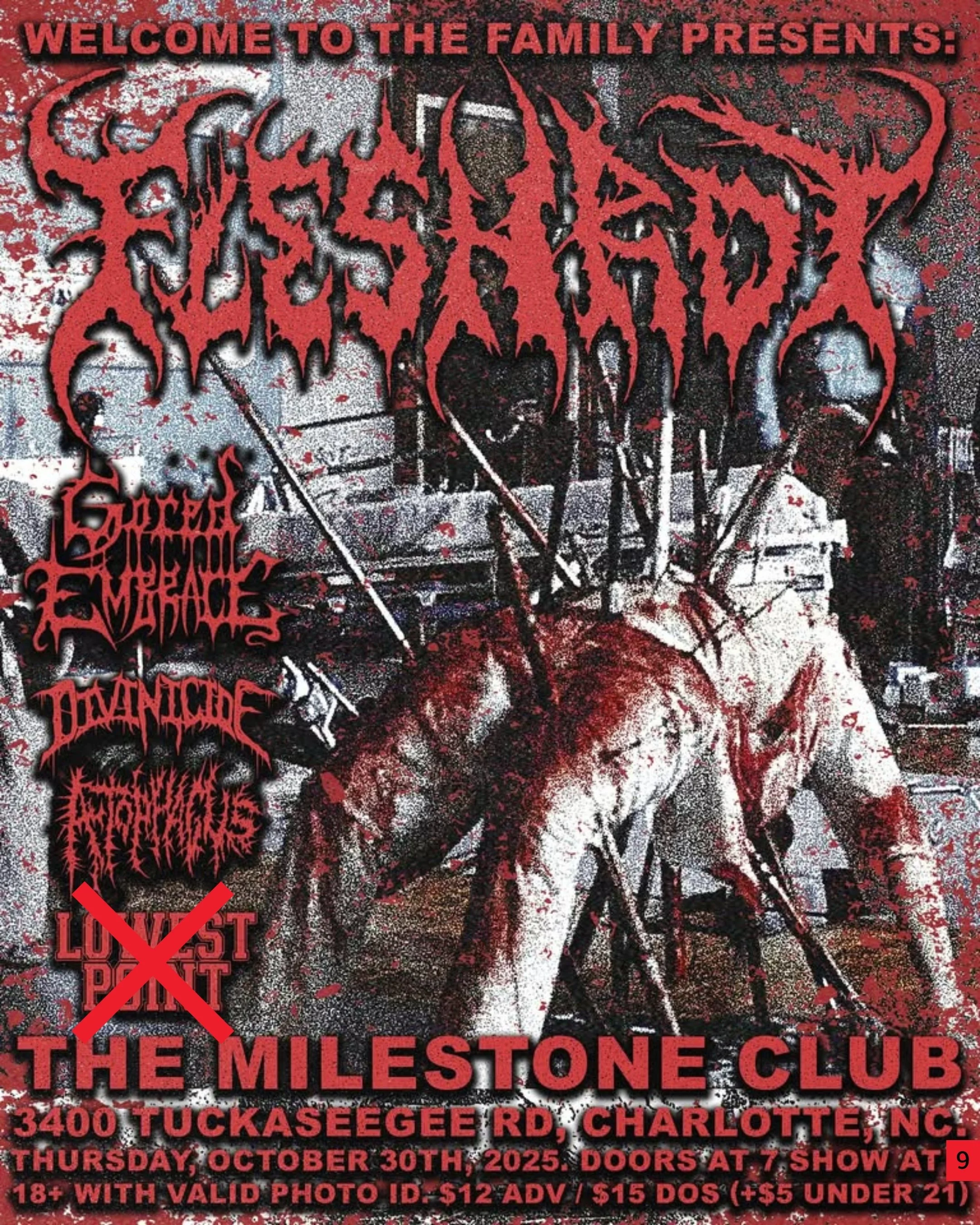 Concert poster for metal bands at The Milestone Club on October 30, 2025, featuring bands such as Sordid Flesh, Morbid Death, Dying Incinerate, and more, with blood splatters and a graphic of a bleeding, mutilated figure.