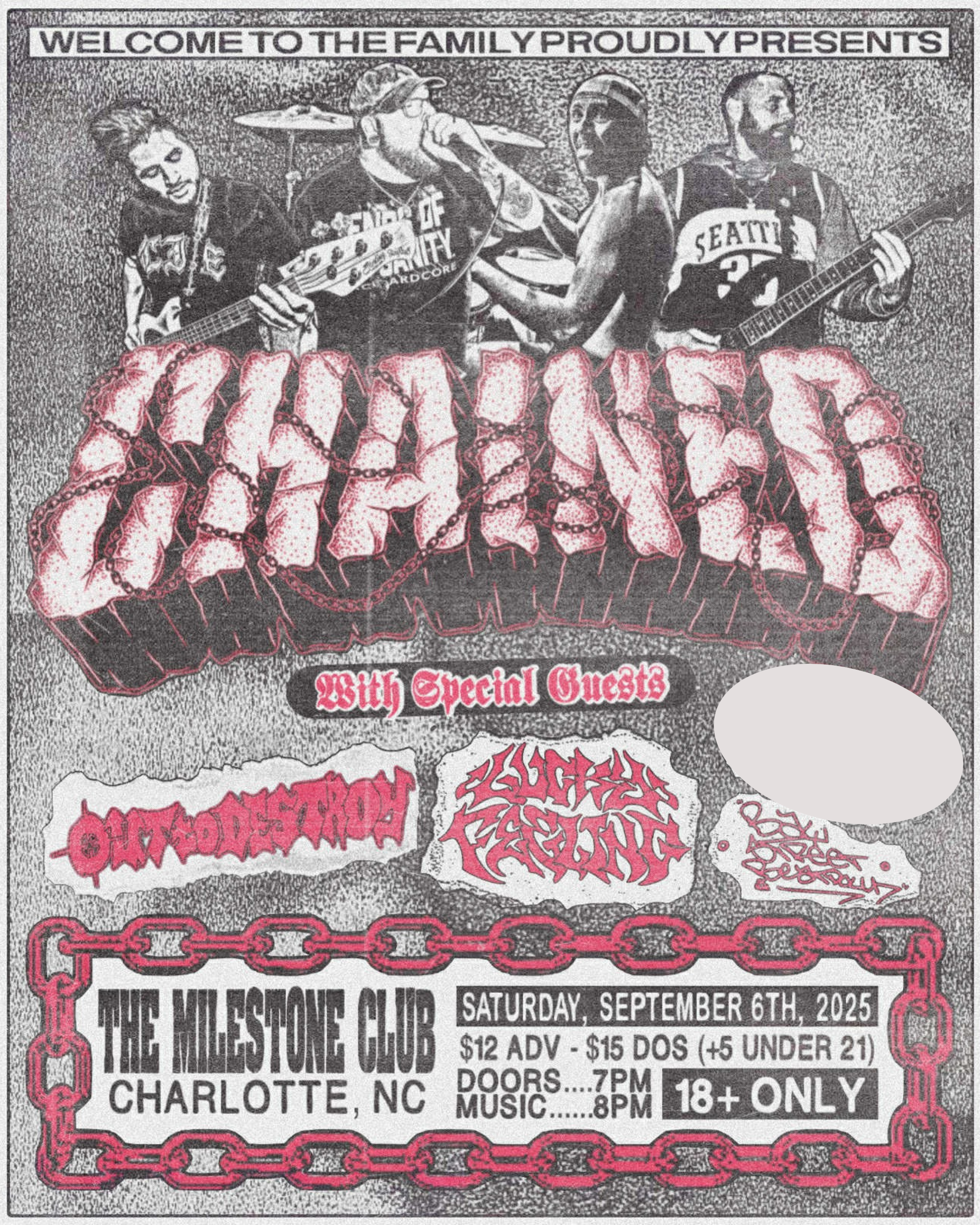 Event flyer for a music concert featuring bands Carnage, Satisfaction, and Dissecting Angels, with special guests, held at The Milestone Club in Charlotte, NC, on Saturday, September 6th, 2025, with doors opening at 7 PM and music starting at 8 PM, for ages 18 and up.