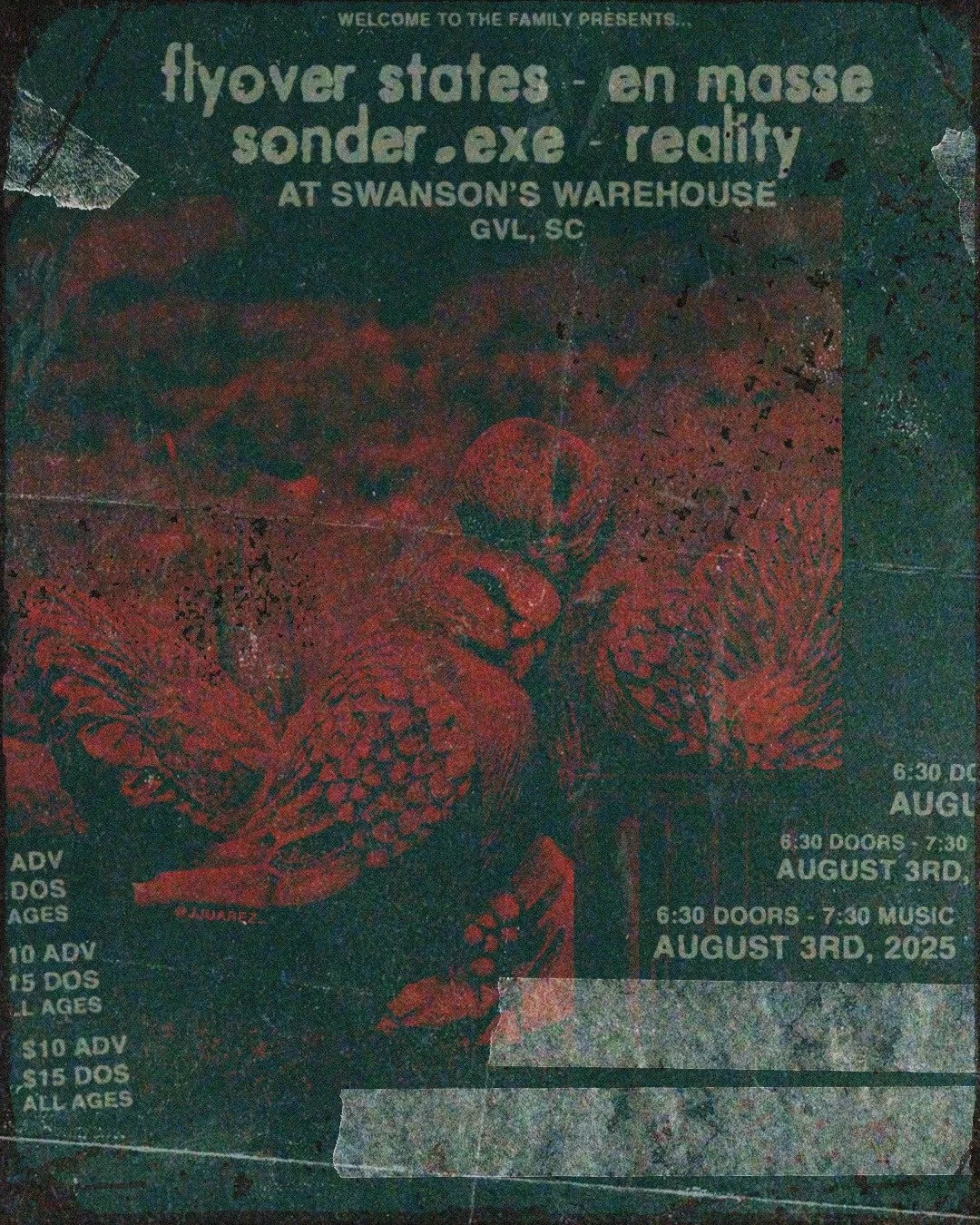 Vintage concert poster for Flyover States, En Masse, Soder,.Exe, Reality at Swanson's Warehouse in Greenville, South Carolina on August 3rd, 2025. The poster features a red and black design with abstract floral patterns and a stylized figure in the center.