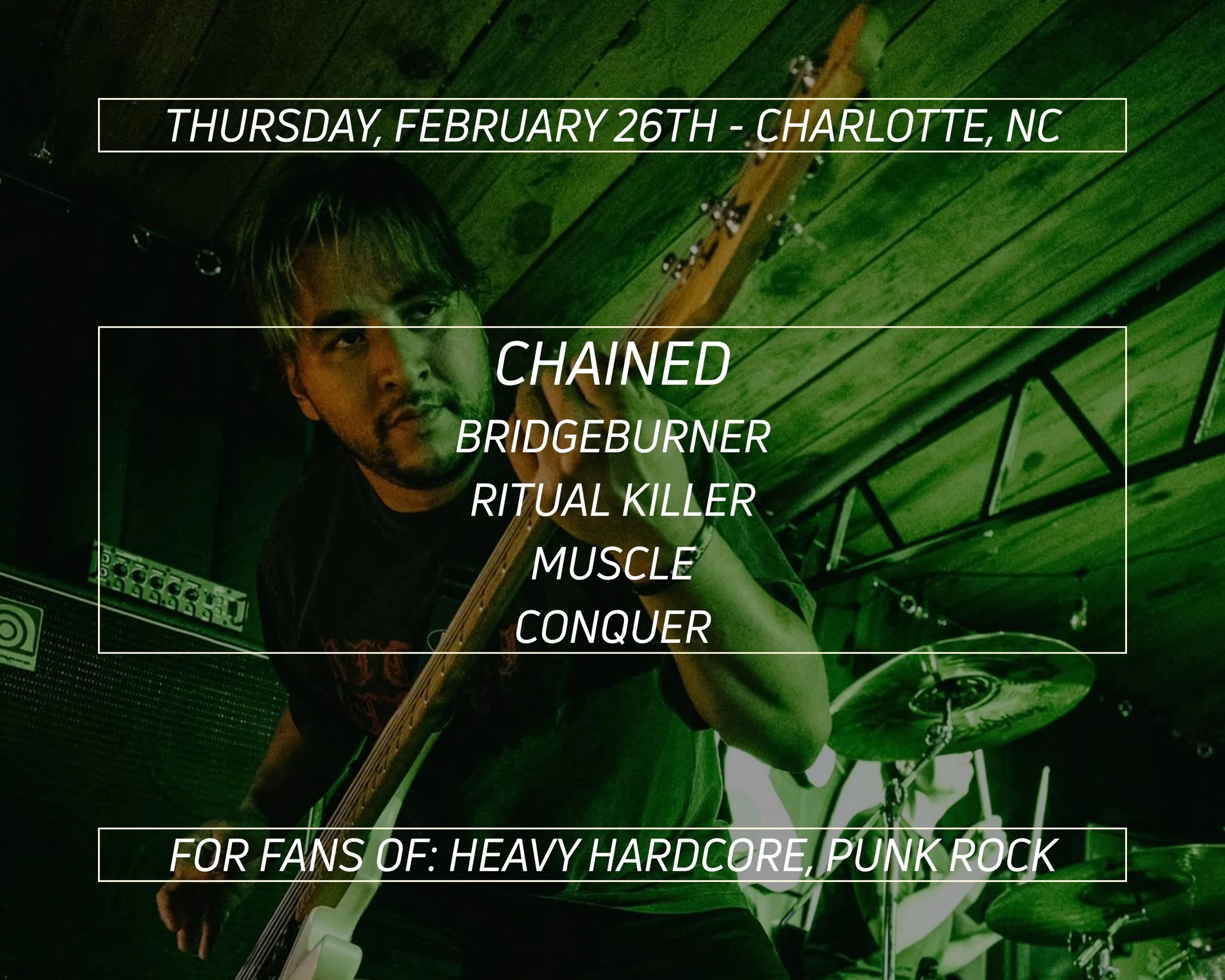 A musician with long hair and a beard playing a guitar in a dimly lit venue, with a green-toned lighting, and a drum set visible in the background. Overlaid text indicates a music event date and details.