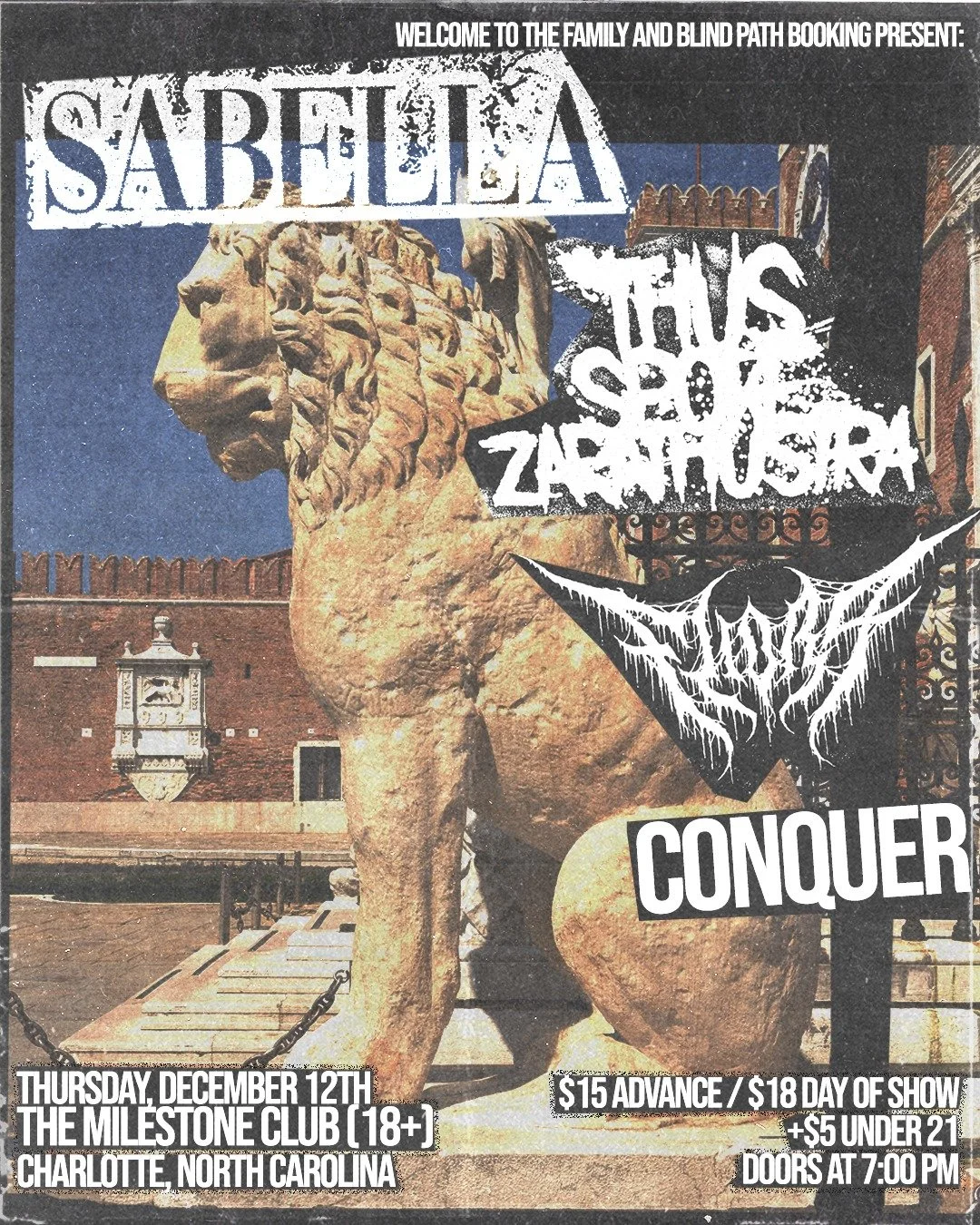 Concert poster featuring bands Sabella, Thus Spoke Zarathustra, and others performing at The Milestone Club, Charlotte, NC on Thursday, December 12th. Admission details included. Background image of a lion statue.