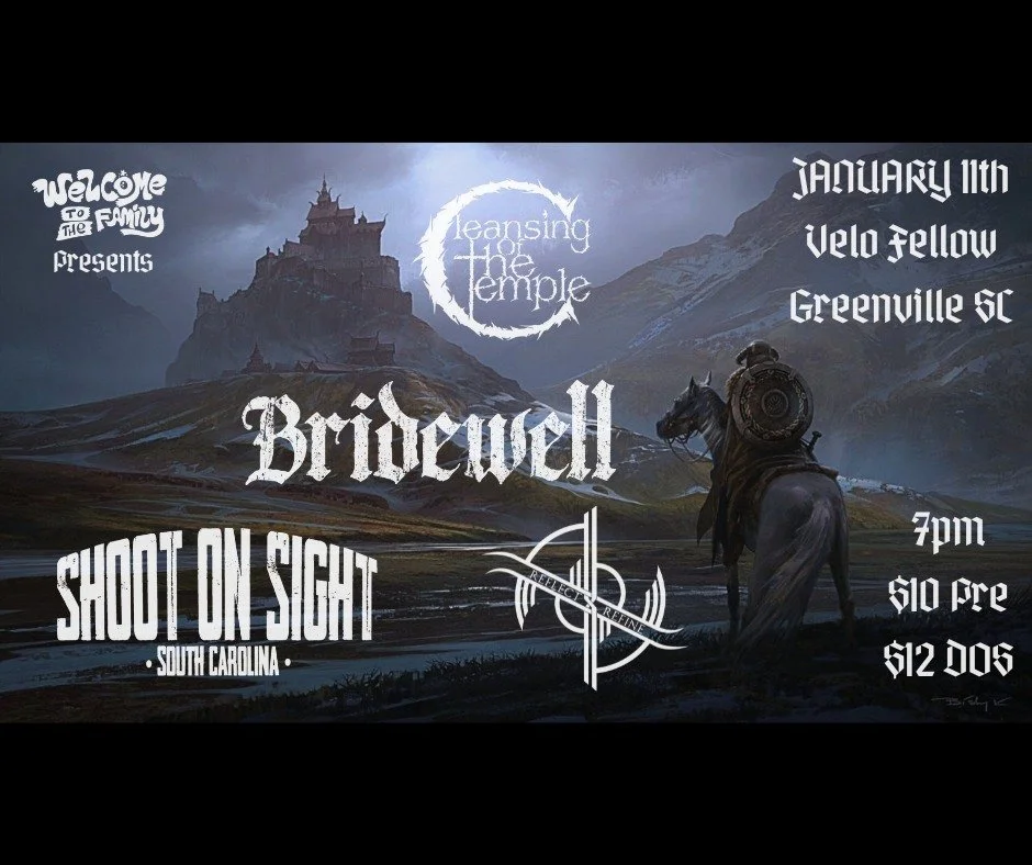 Concert flyer for "Welcome to the Family" event featuring Leans In The Temple, Bridewell, and Shoot On Sight at Velo Fellow in Greenville, SC on January 11th, at 7pm.