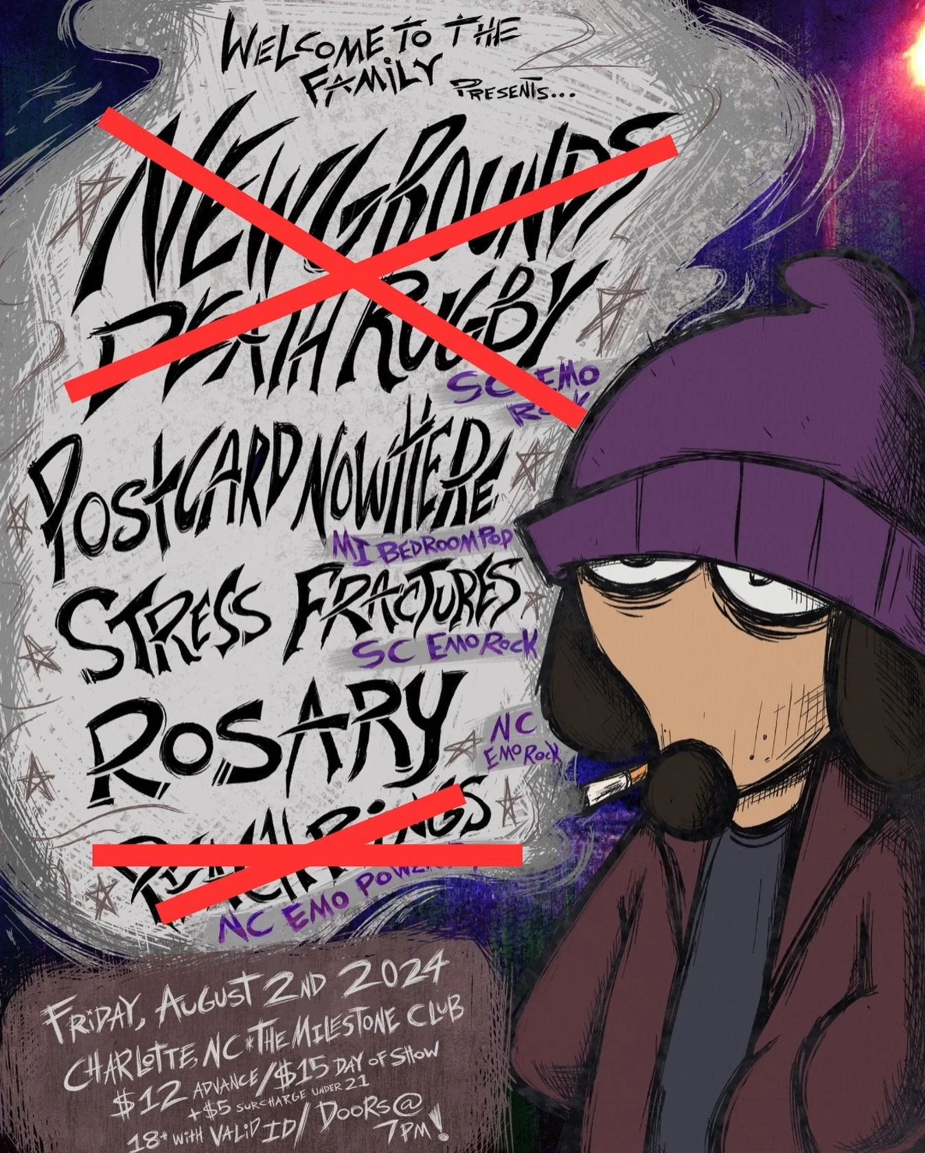 Concert poster featuring bands like "Newgrounds Death Rugby" and "Postcard Nowtified" with some names crossed out. A cartoon character wearing a purple beanie and hoodie is on the right. Event details: Friday, August 2, 2024, at The Milestone Club, Charlotte, NC. Ticket info: $12 advance, $15 day of show.