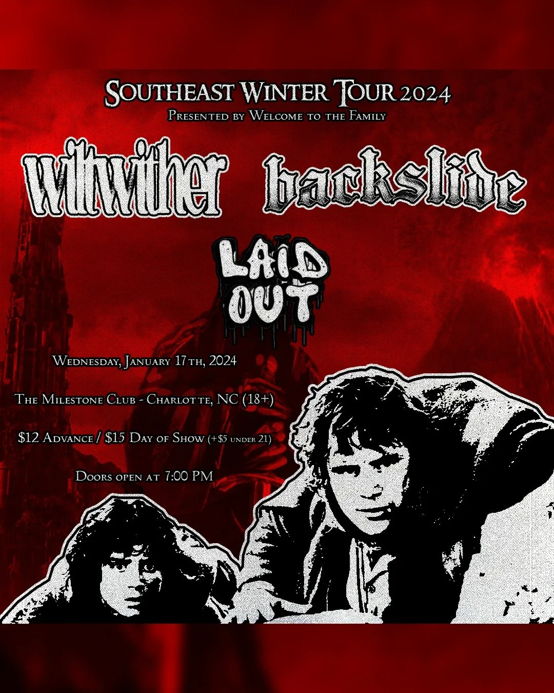 Southeast Winter Tour 2024 poster featuring bands Wither, Backslide, and Laid Out, scheduled for January 17, 2024, at The Milestone Club in Charlotte, NC. Entry is $12 in advance and $15 on the day of the show. Doors open at 7:00 PM.