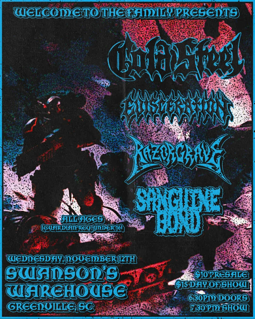 Dark and colorful concert poster for a metal band event at Swanson's Warehouse in Greenville, SC, featuring bands like Godzilla, Submission, Blacktung, and Shattered Bond, with event details and ticket prices.