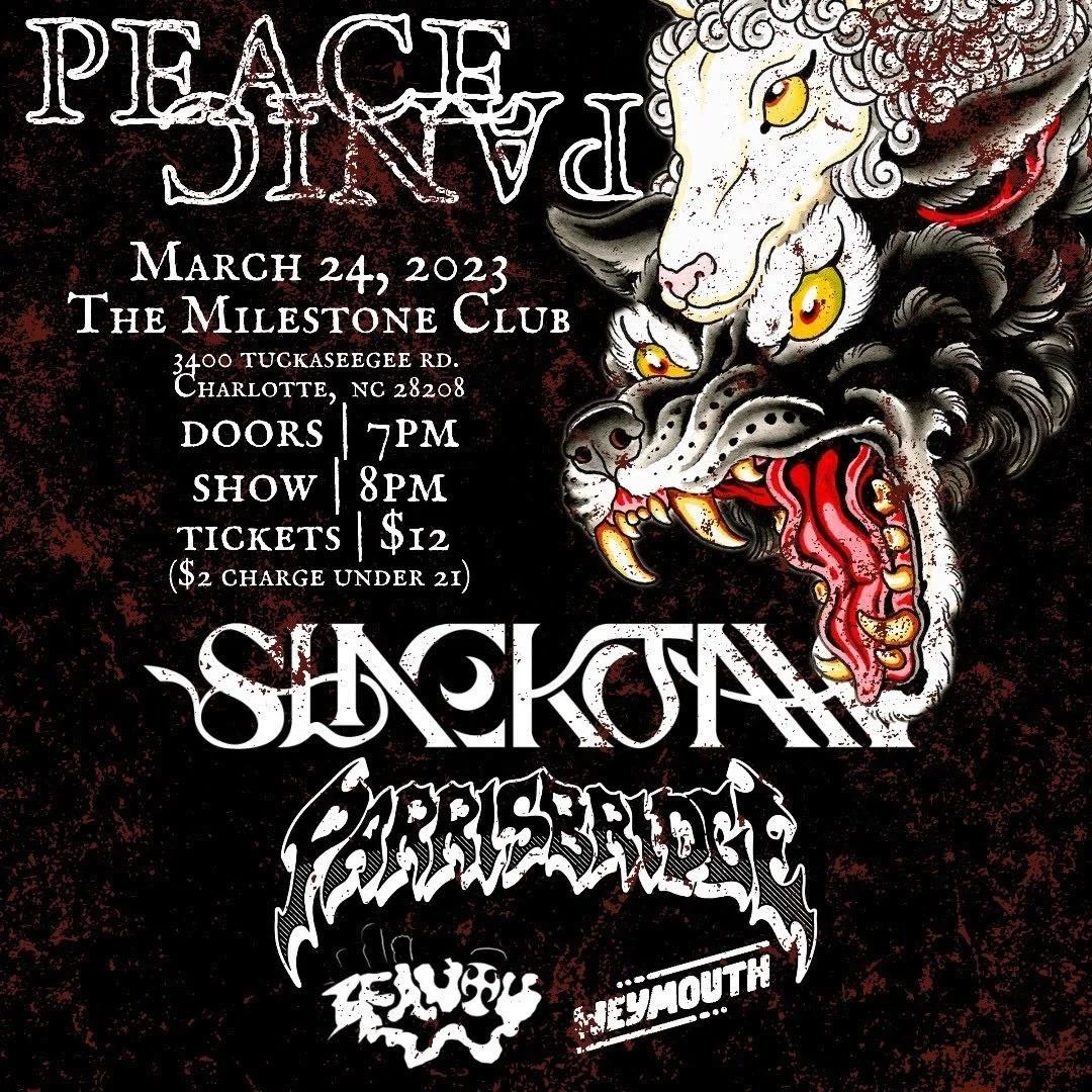 Concert poster for "Peace Panic" event on March 24, 2023, at The Milestone Club, Charlotte, NC. Features bands Shocktooth, Parrisbridge, Decay, and Weymouth with a graphic of a wolf and sheep head.