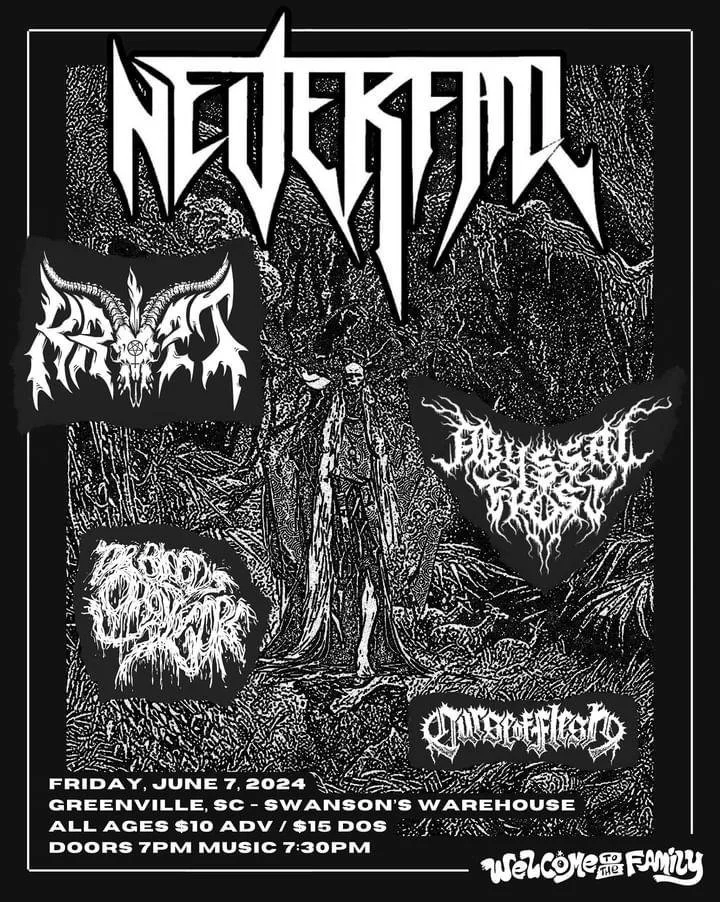 Concert poster for "Neverfall" featuring band logos with metal-style fonts. Event is on June 7, 2024, at Swanson's Warehouse in Greenville, SC. Entry costs $10 in advance, $15 on the day. Doors open at 7 PM, music starts at 7:30 PM. Black and white graphic design with dark, intricate patterns.