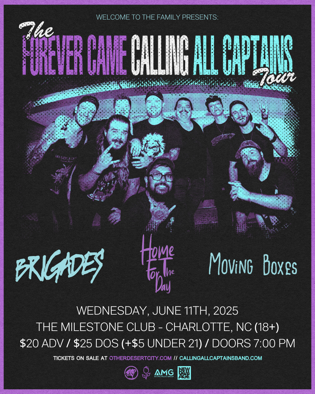 Promotional poster for "The Forever Came Calling All Captains Tour" featuring Brigades, Home for the Day, and Moving Boxes. Event details: Wednesday, June 11th, 2025, at The Milestone Club in Charlotte, NC (18+). Ticket prices: $20 ADV / $25 DOS (+$5 for under 21). Doors open at 7:00 PM. Tickets available at otherdesertcity.com.