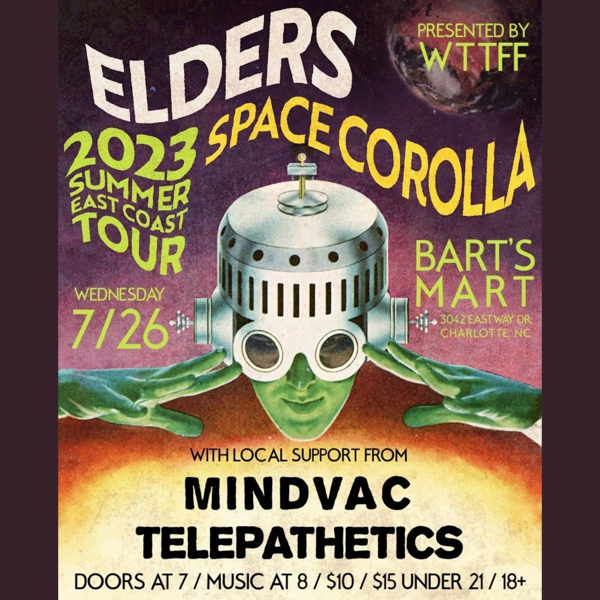 Concert poster for Elders' 2023 Space Corolla Summer East Coast Tour, featuring support from Mindvac and Telepathetics, at Bart’s Mart, Charlotte, NC on 7/26.