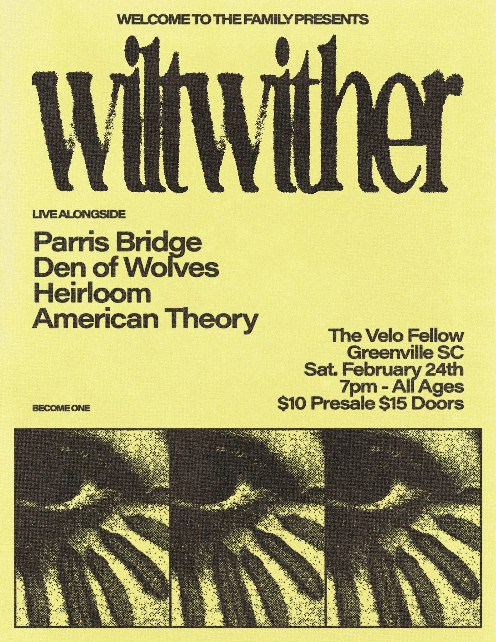 Concert poster for Wilt Wither with supporting acts Parris Bridge, Den of Wolves, Heirloom, and American Theory. Event at The Velo Fellow in Greenville, SC, on Saturday, February 24th at 7pm. Tickets priced at $10 presale, $15 at the door. Features distorted eye graphic.