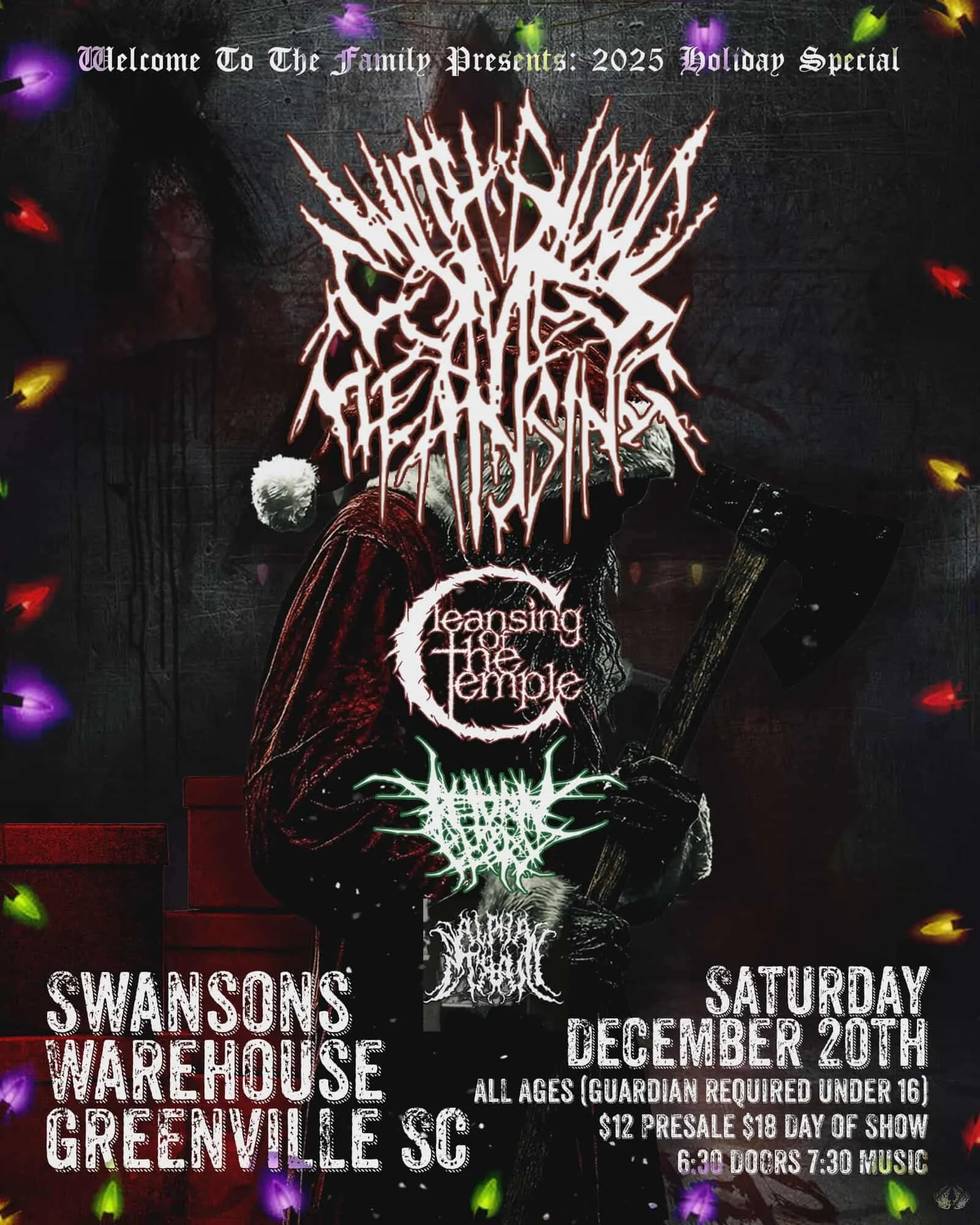 Event poster for a holiday music show featuring band names written in heavy metal style fonts, with a dark background, Christmas lights, and a figure holding an axe wearing a Santa hat and a dark cloak.