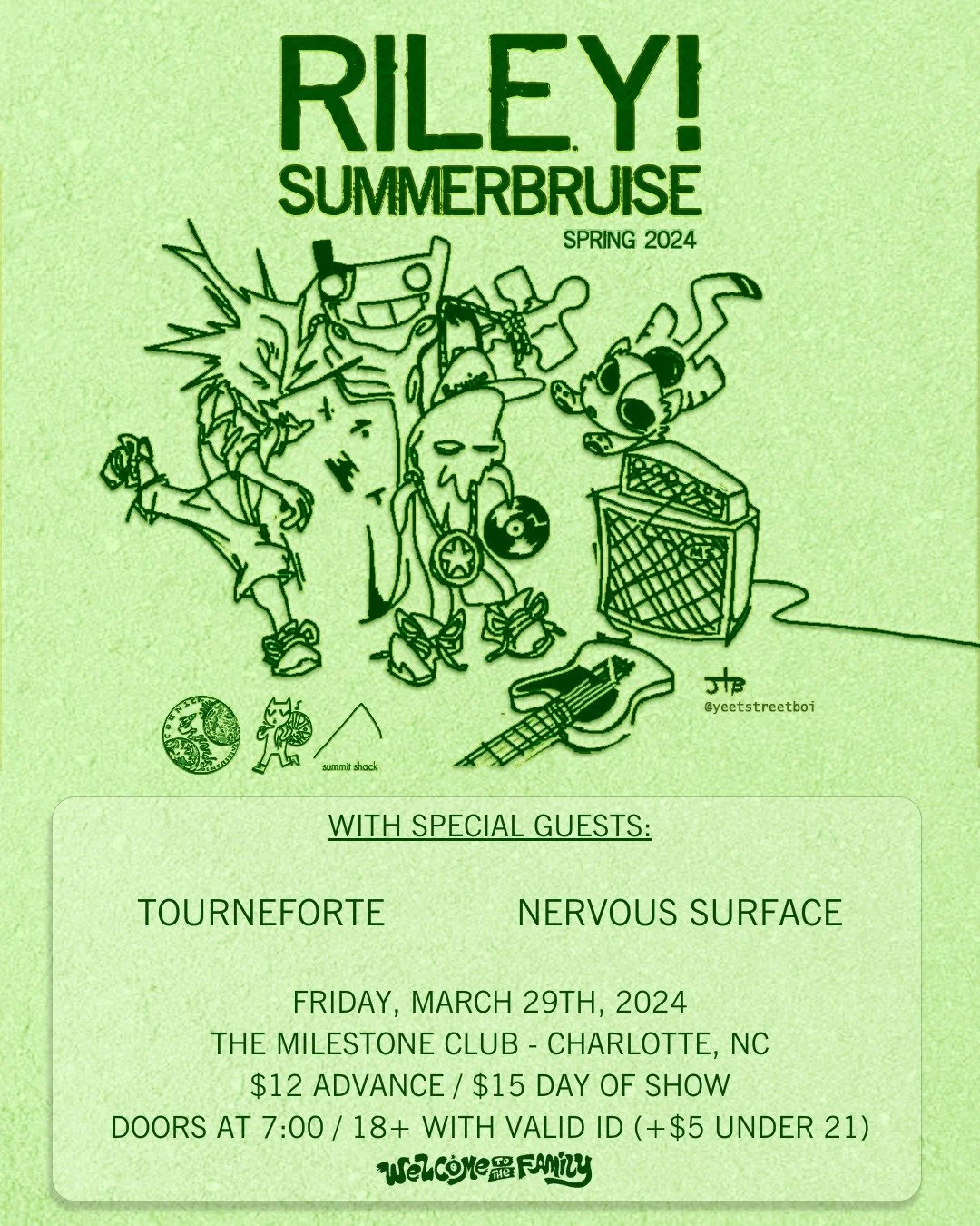 Concert poster for Riley! Summerbruise Spring 2024 featuring illustrated band members and instruments, with special guests Tourneforte and Nervous Surface. Event at The Milestone Club, Charlotte, NC on March 29, 2024. Ticket details and age info included.