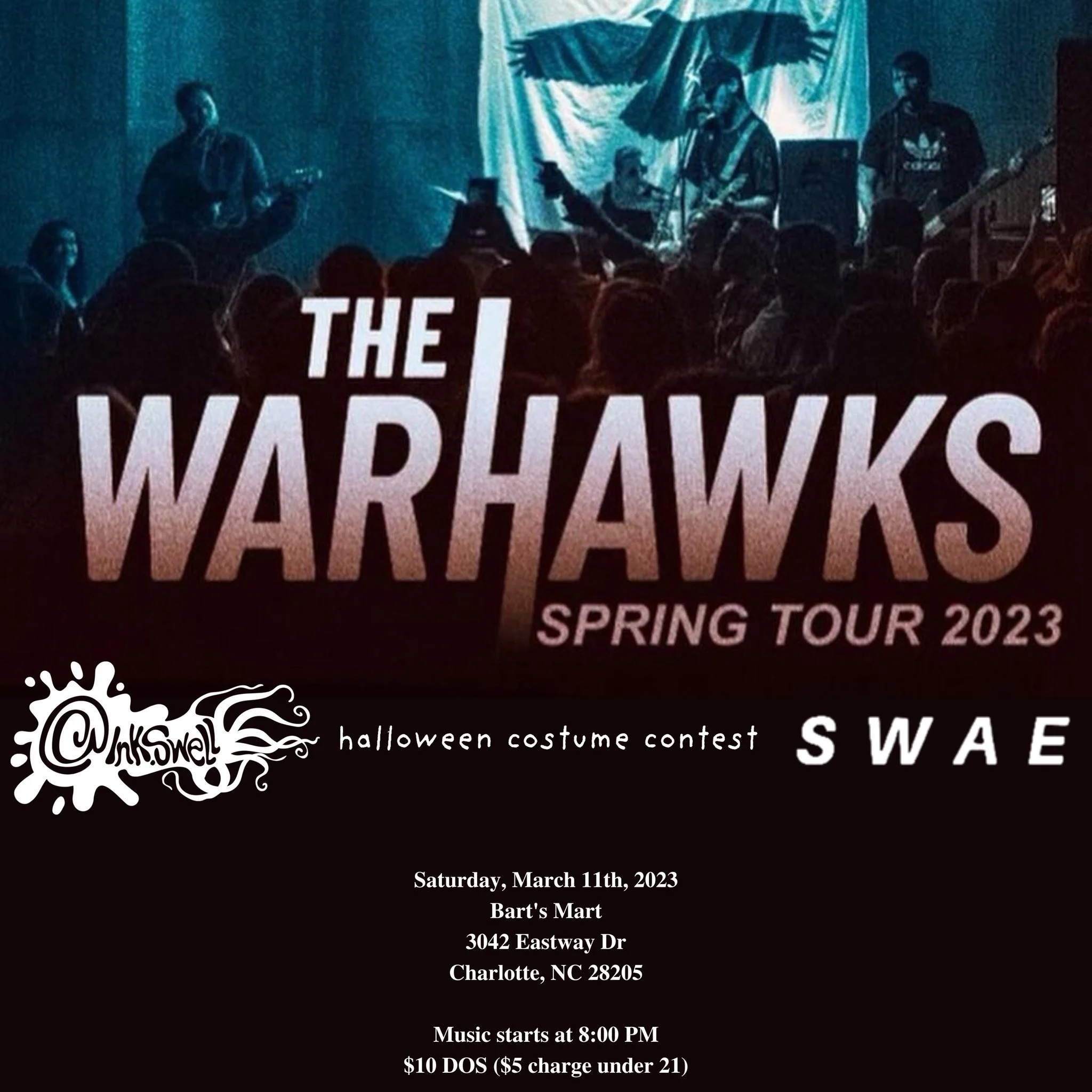 Concert poster for 'The Warhawks Spring Tour 2023' with a performance date of Saturday, March 11th, 2023, at Bart's Mart, Charlotte, NC. Includes a Halloween costume contest and $10 cover charge, $5 for under 21.